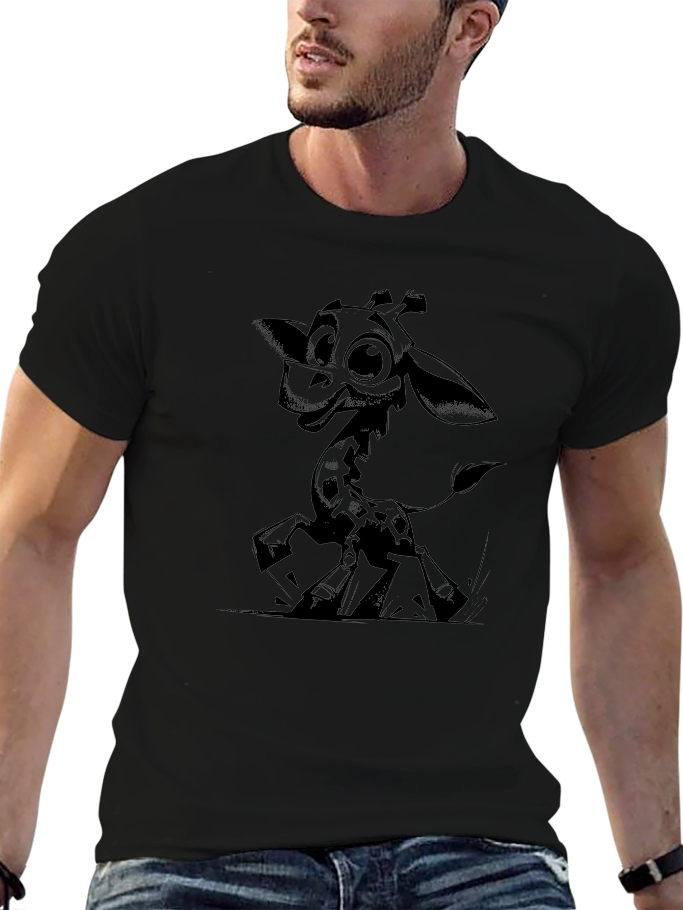 Cartoon Giraffe Graphic Tee - Black Cotton T-Shirt