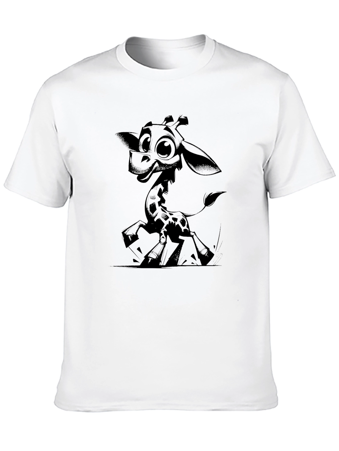 Cartoon Giraffe Graphic Tee - Black Cotton T-Shirt