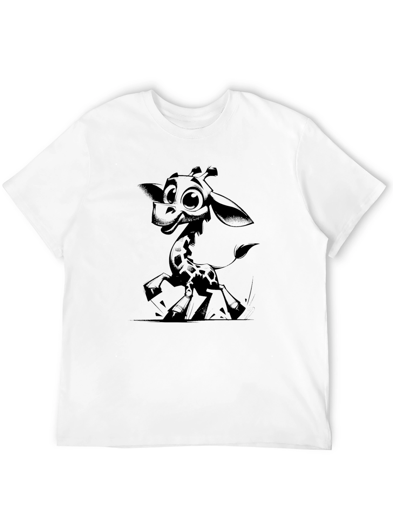 Cartoon Giraffe Graphic Tee - Black Cotton T-Shirt
