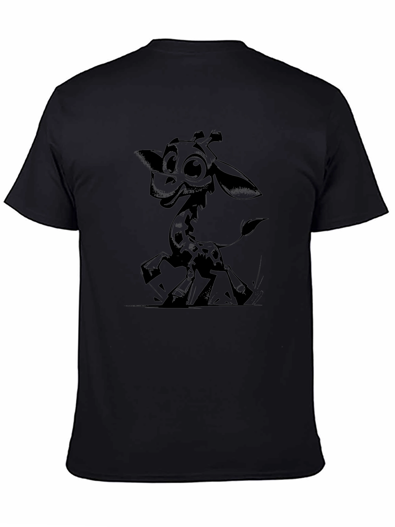 Cartoon Giraffe Graphic Tee - Black Cotton T-Shirt