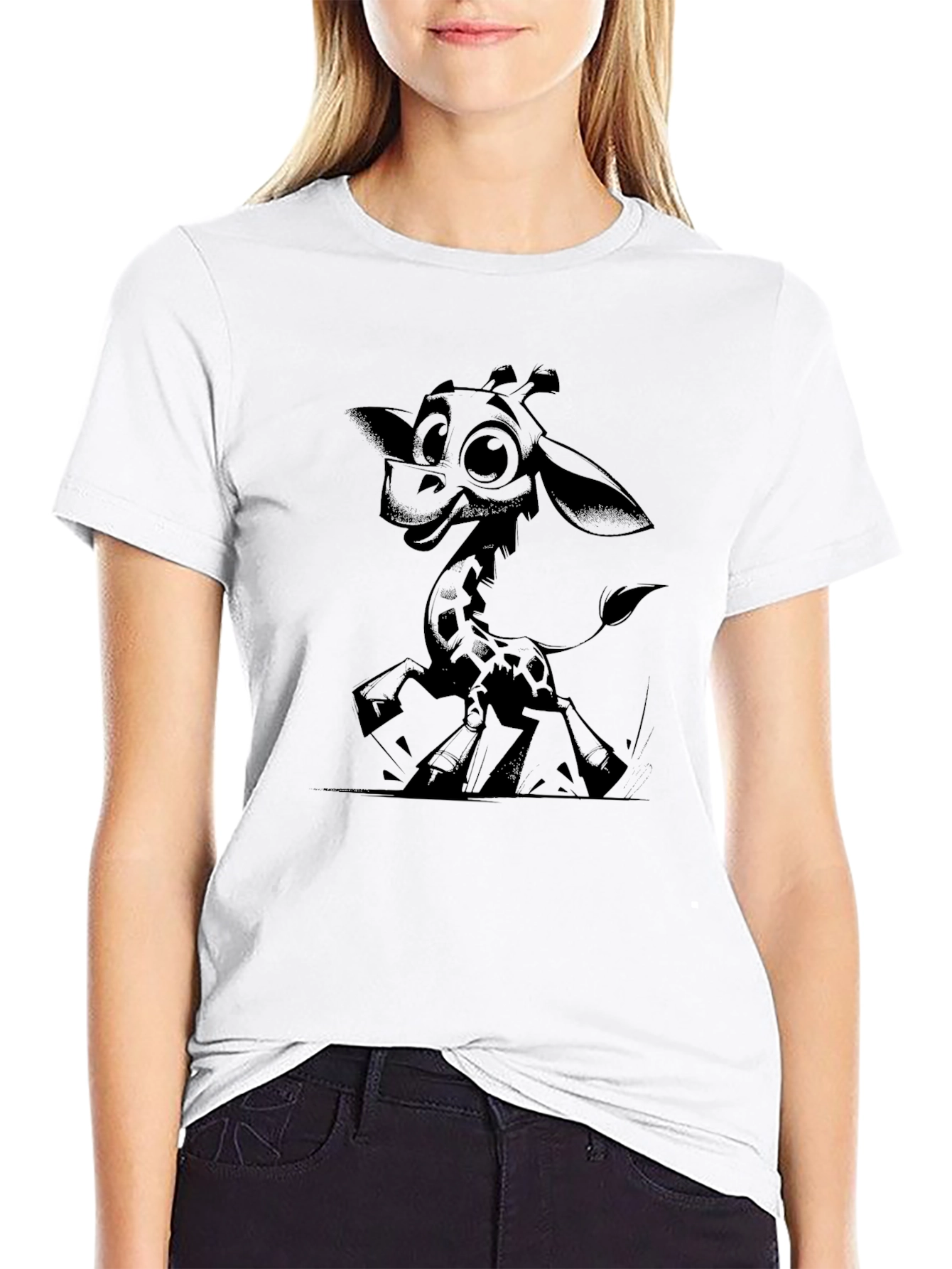Cartoon Giraffe Graphic Tee - Black Cotton T-Shirt