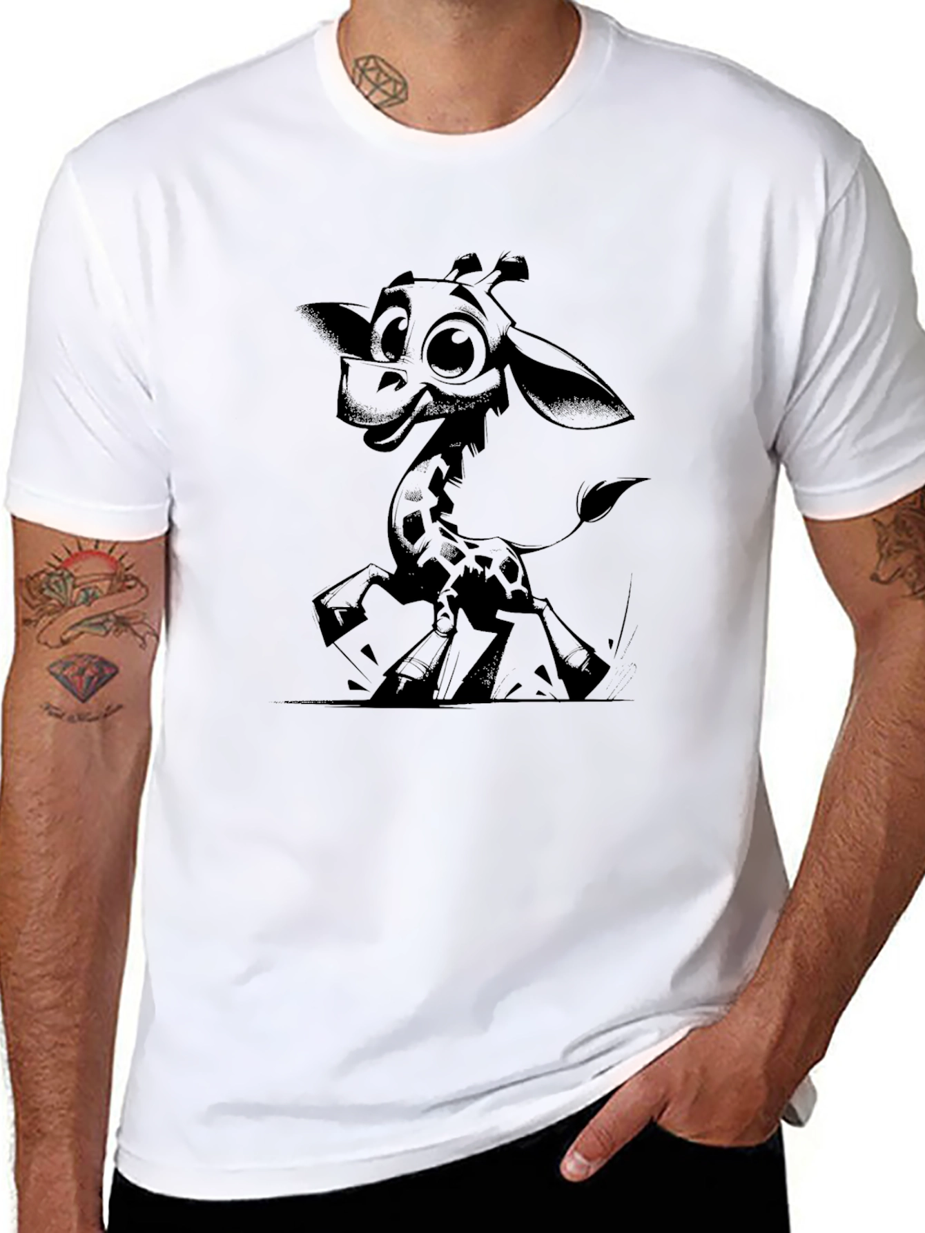 Cartoon Giraffe Graphic Tee - Black Cotton T-Shirt