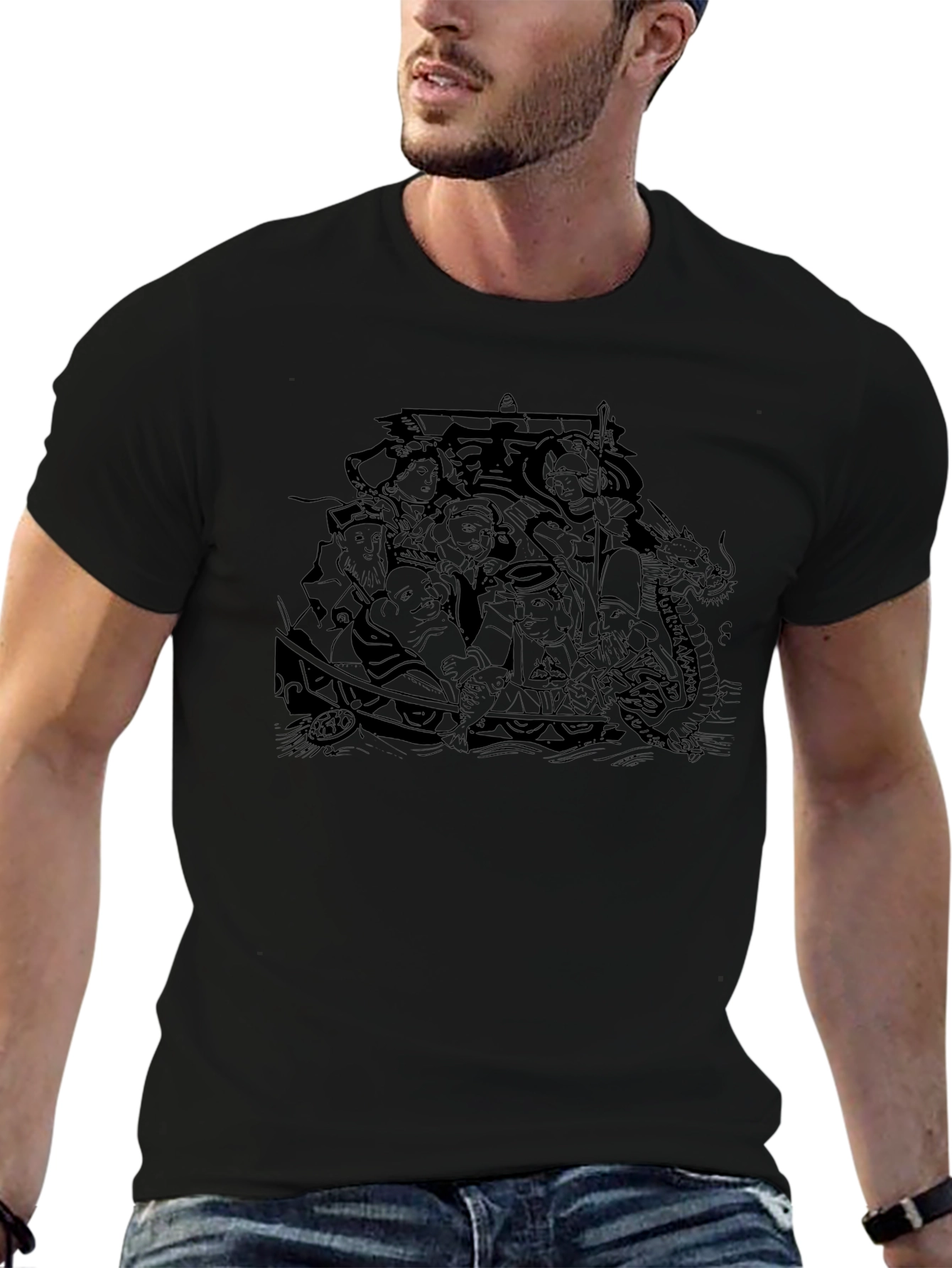 Black T-Shirt with Detailed Boat Graphic