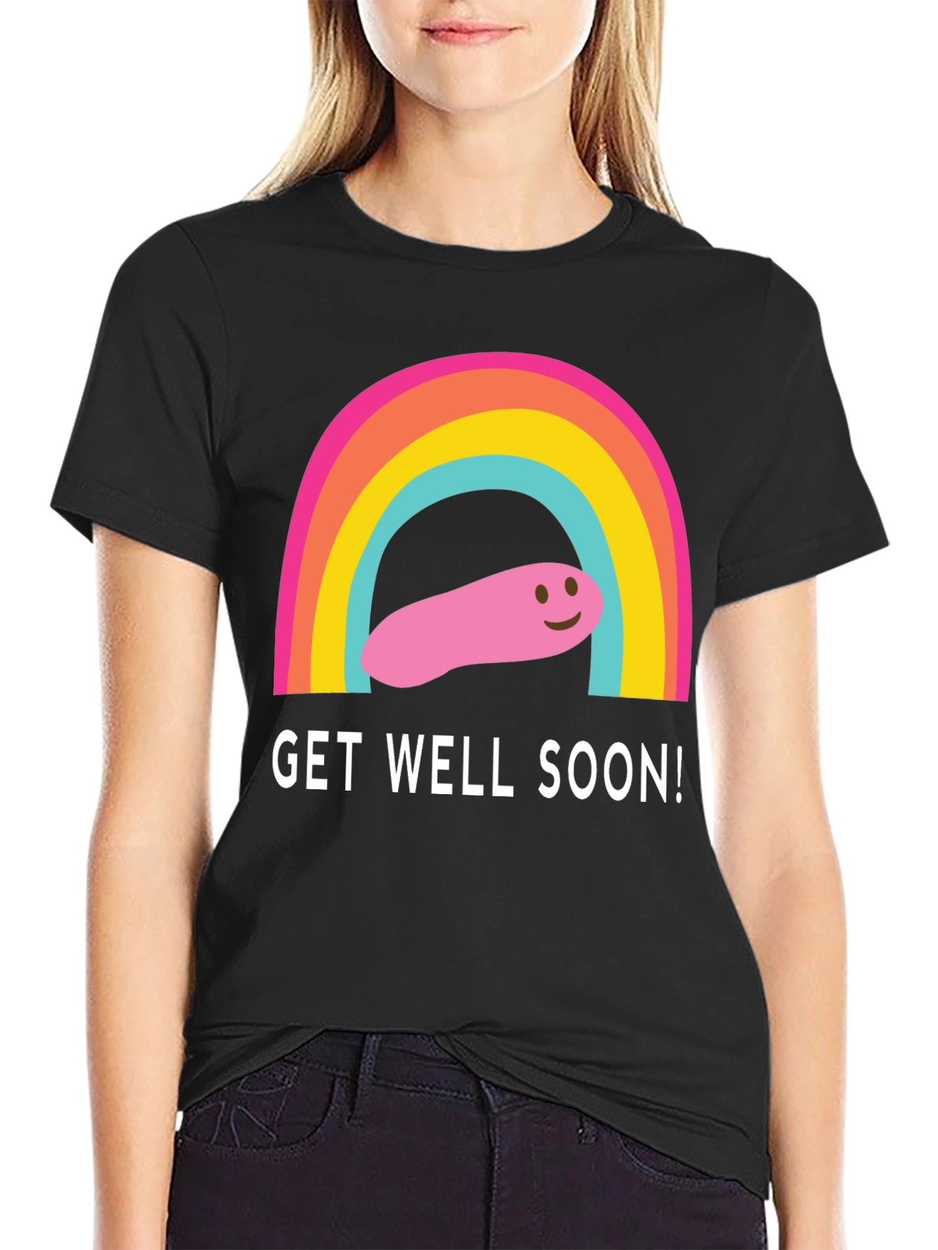 Get Well Soon Rainbow Worm Black T-Shirt