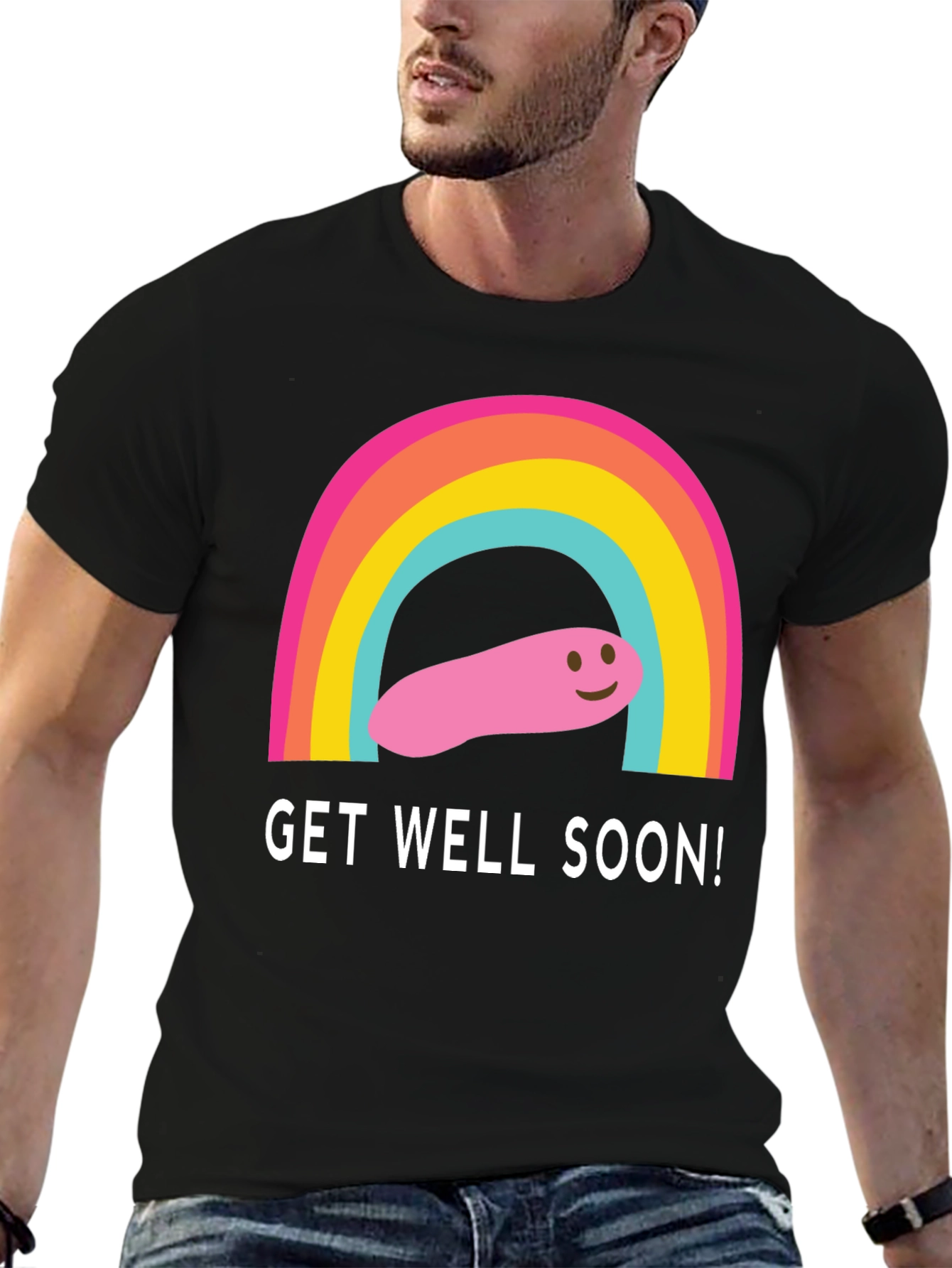 Get Well Soon Rainbow Worm Black T-Shirt