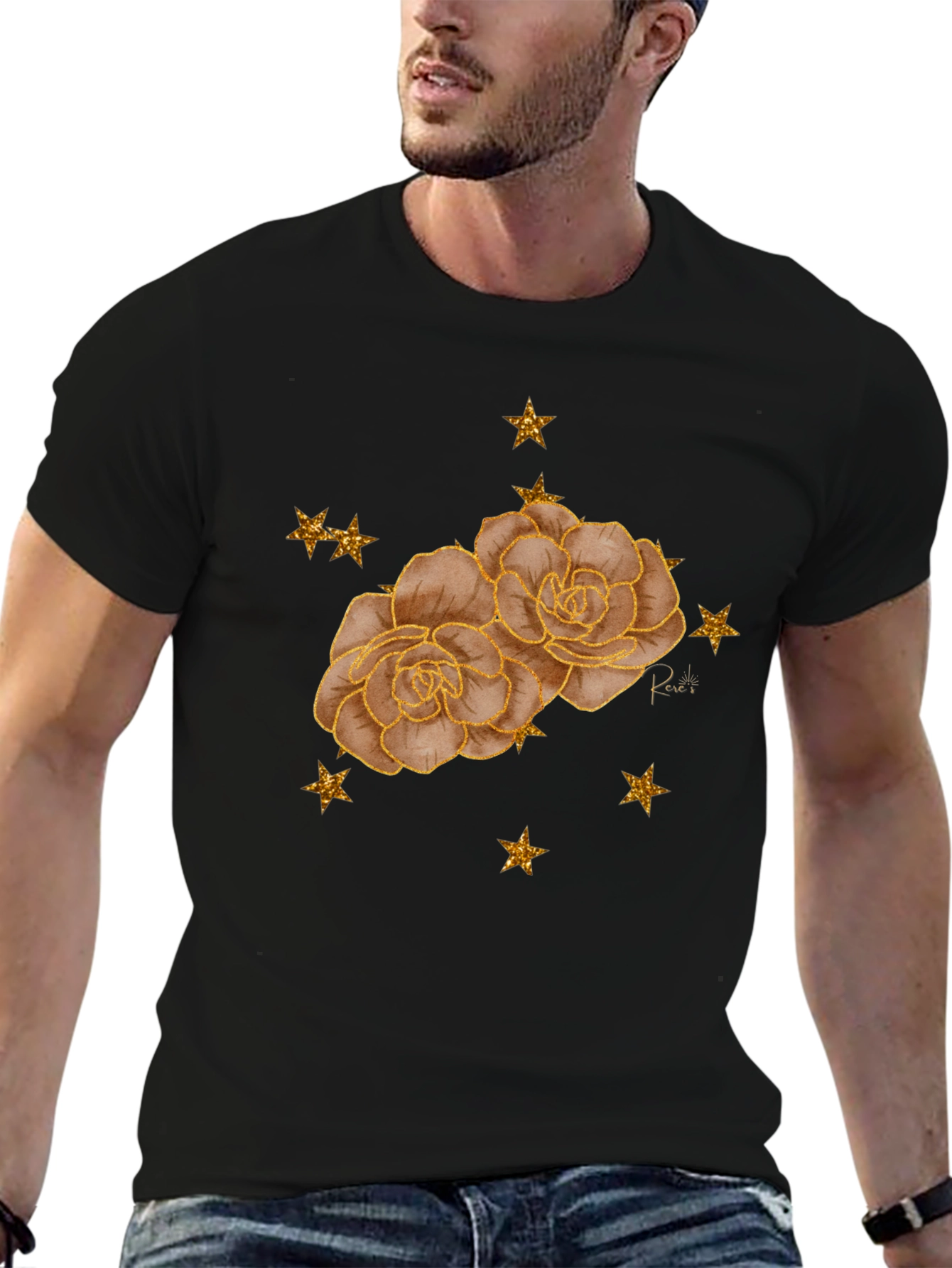 Floral Star Tee - Stylish Black Graphic T-Shirt