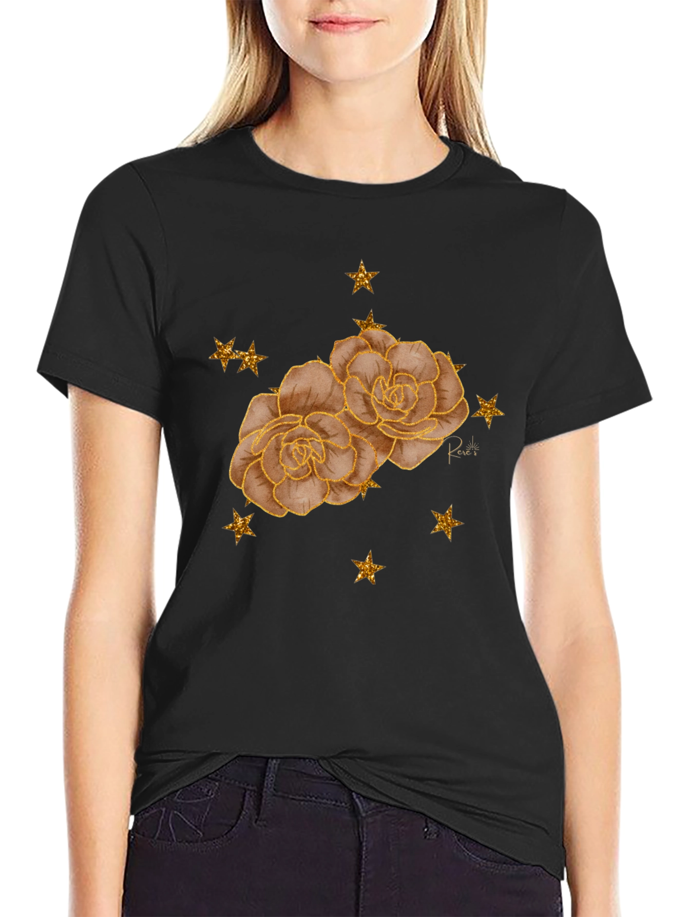 Floral Star Tee - Stylish Black Graphic T-Shirt