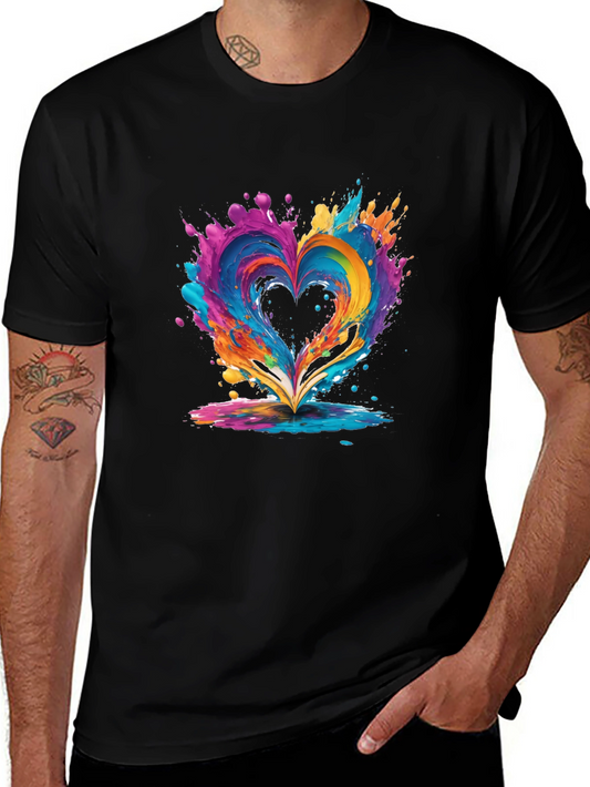 Colorful Heart Splatter Graphic Black T-Shirt
