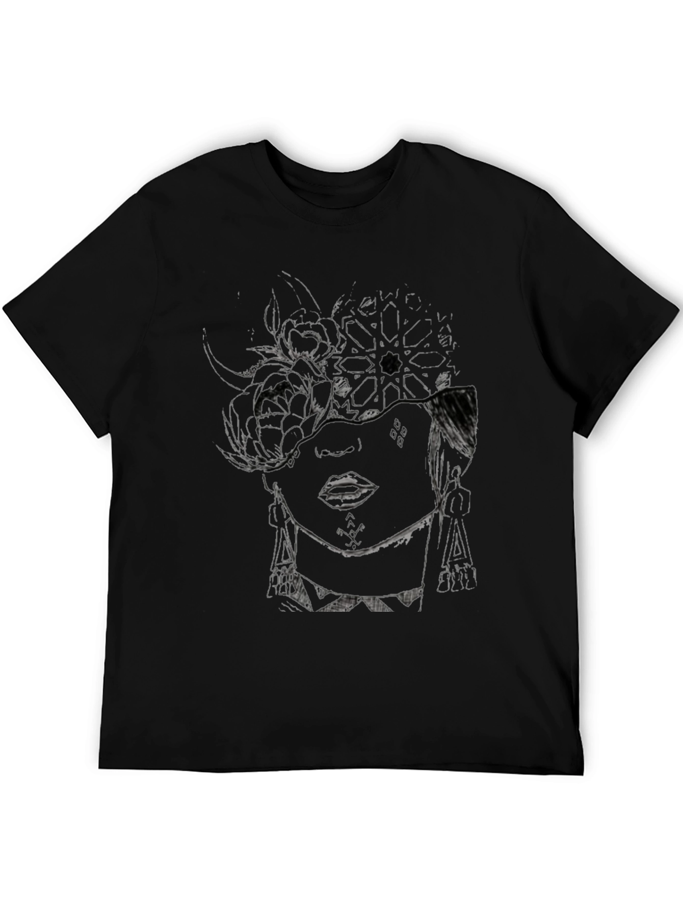 Abstract Floral Face Graphic Black T-Shirt