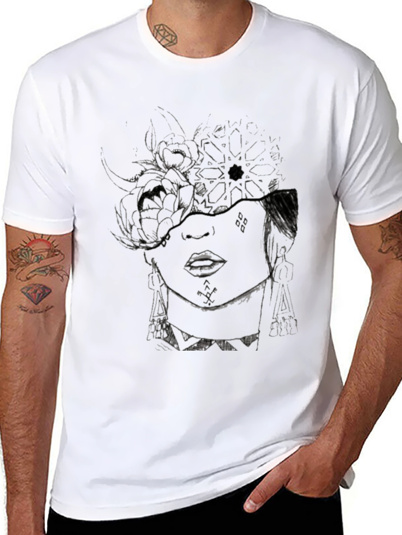Abstract Floral Face Graphic Black T-Shirt