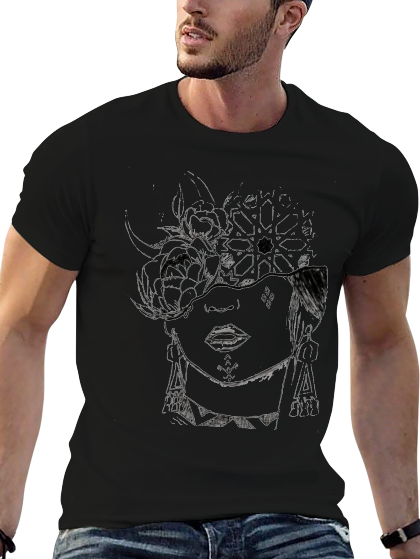 Abstract Floral Face Graphic Black T-Shirt