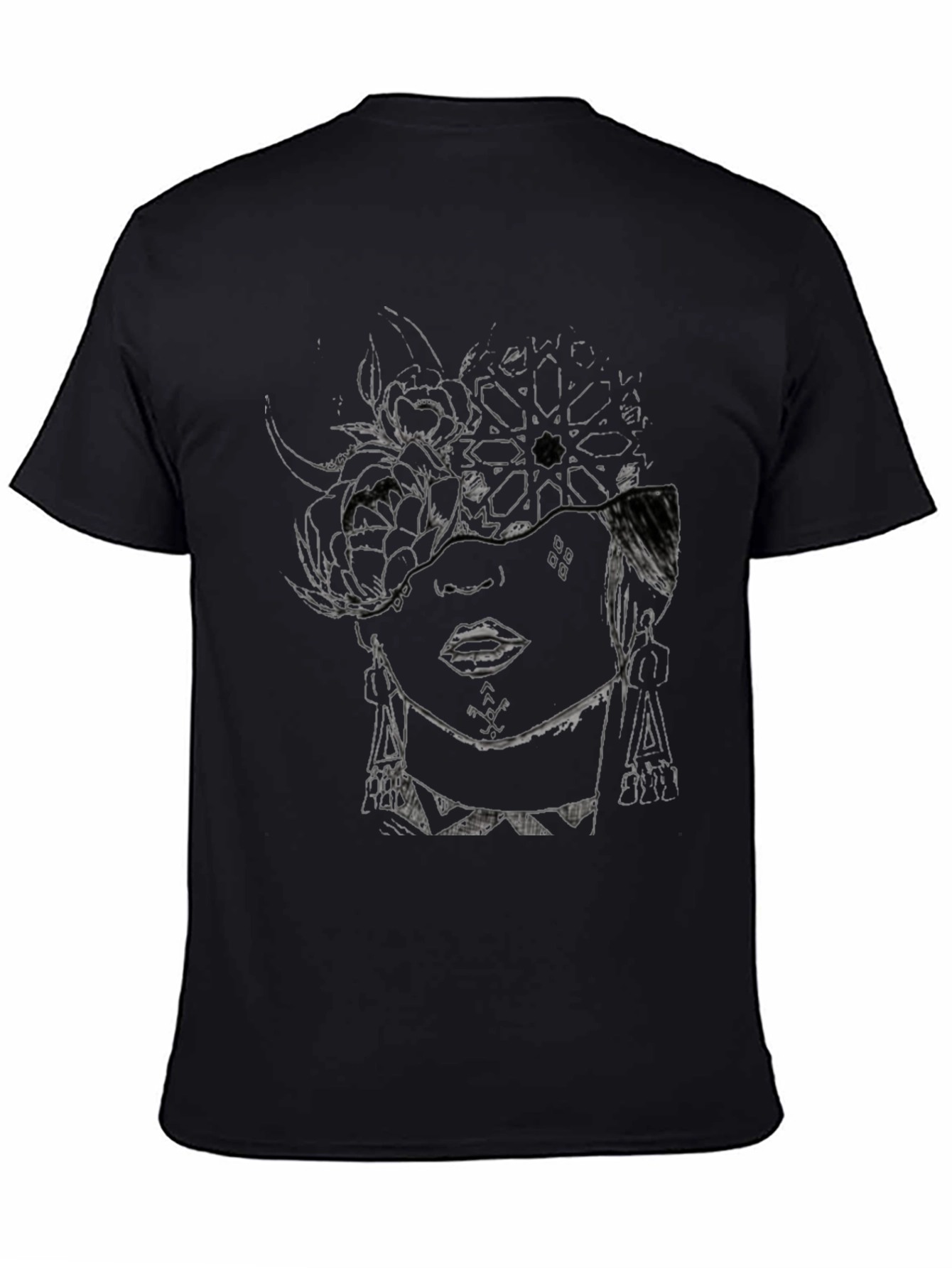Abstract Floral Face Graphic Black T-Shirt