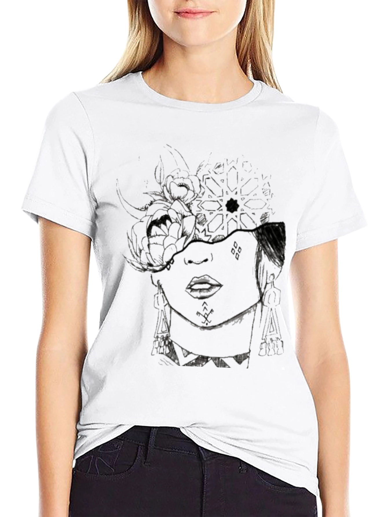 Abstract Floral Face Graphic Black T-Shirt