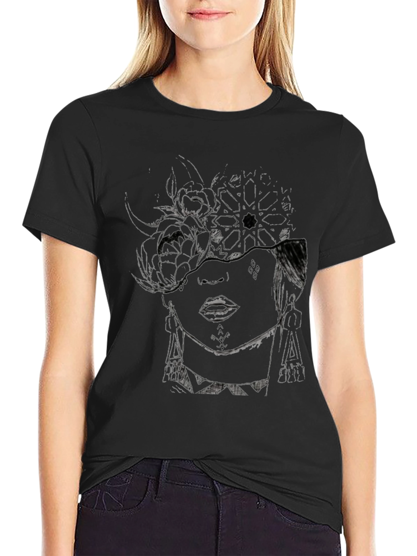 Abstract Floral Face Graphic Black T-Shirt