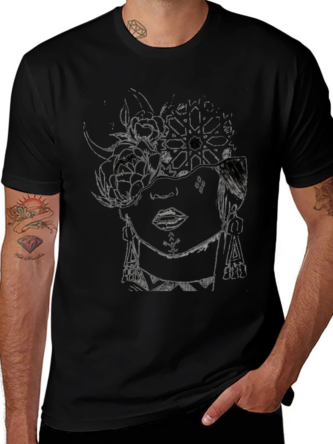 Abstract Floral Face Graphic Black T-Shirt
