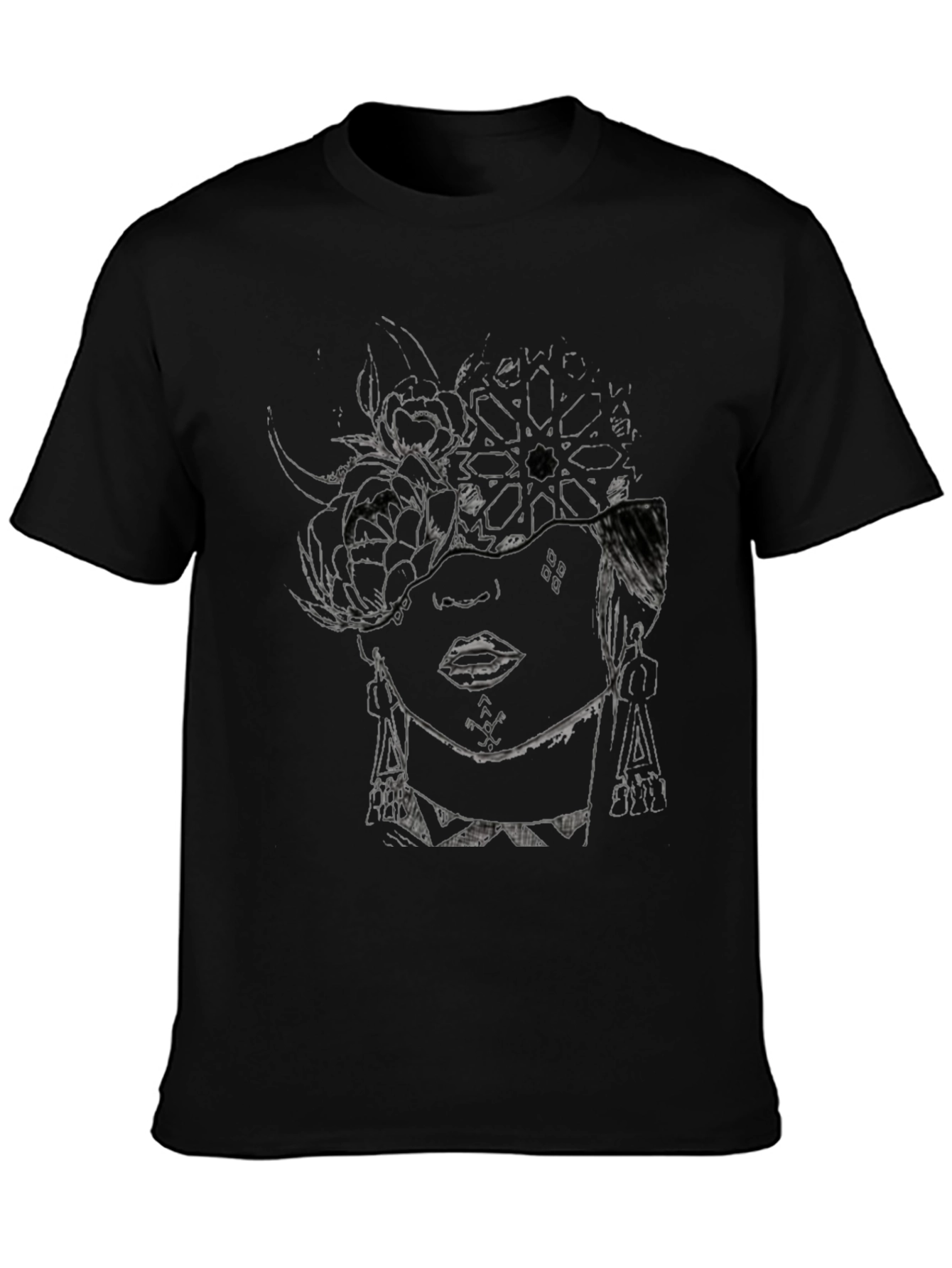 Abstract Floral Face Graphic Black T-Shirt