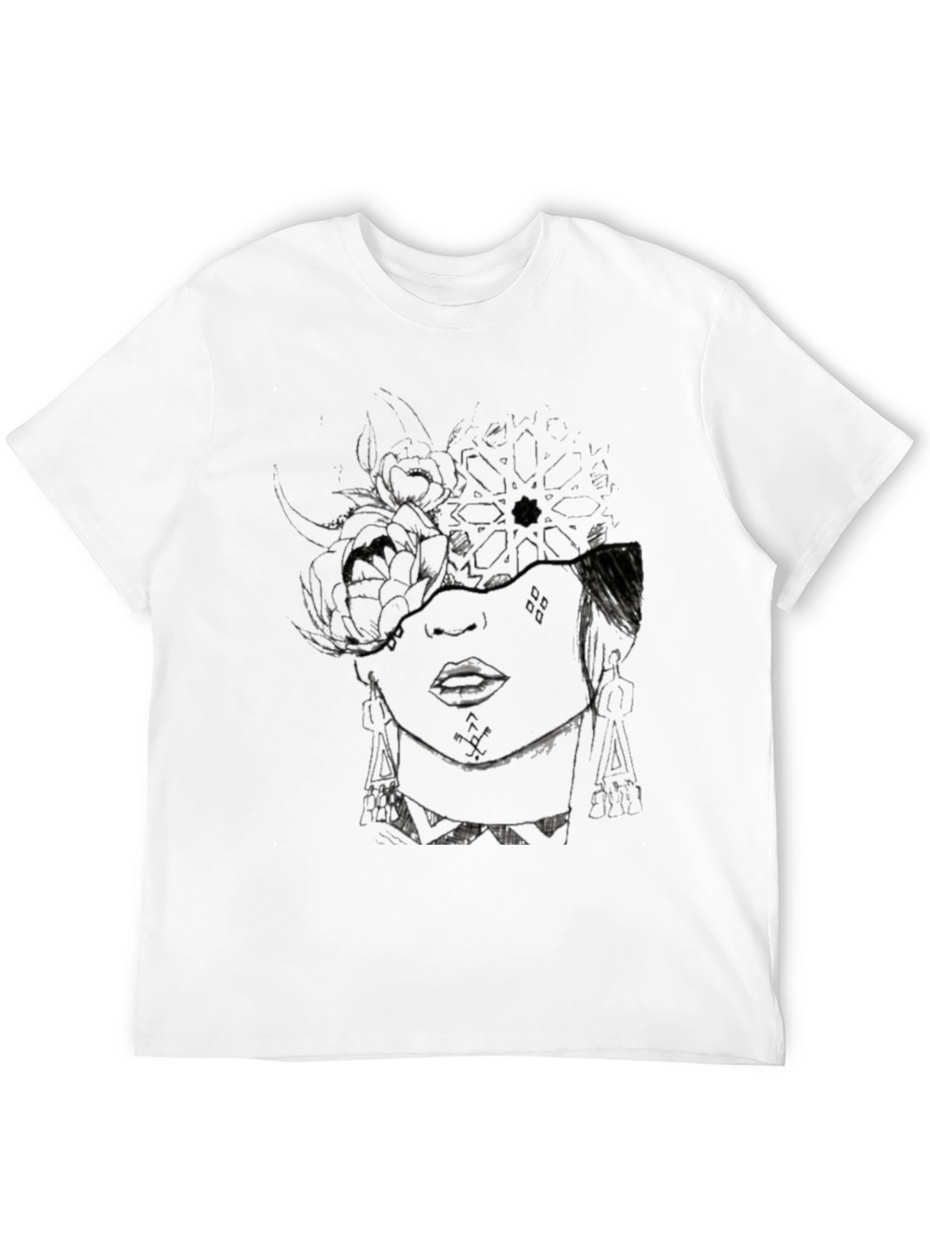 Abstract Floral Face Graphic Black T-Shirt