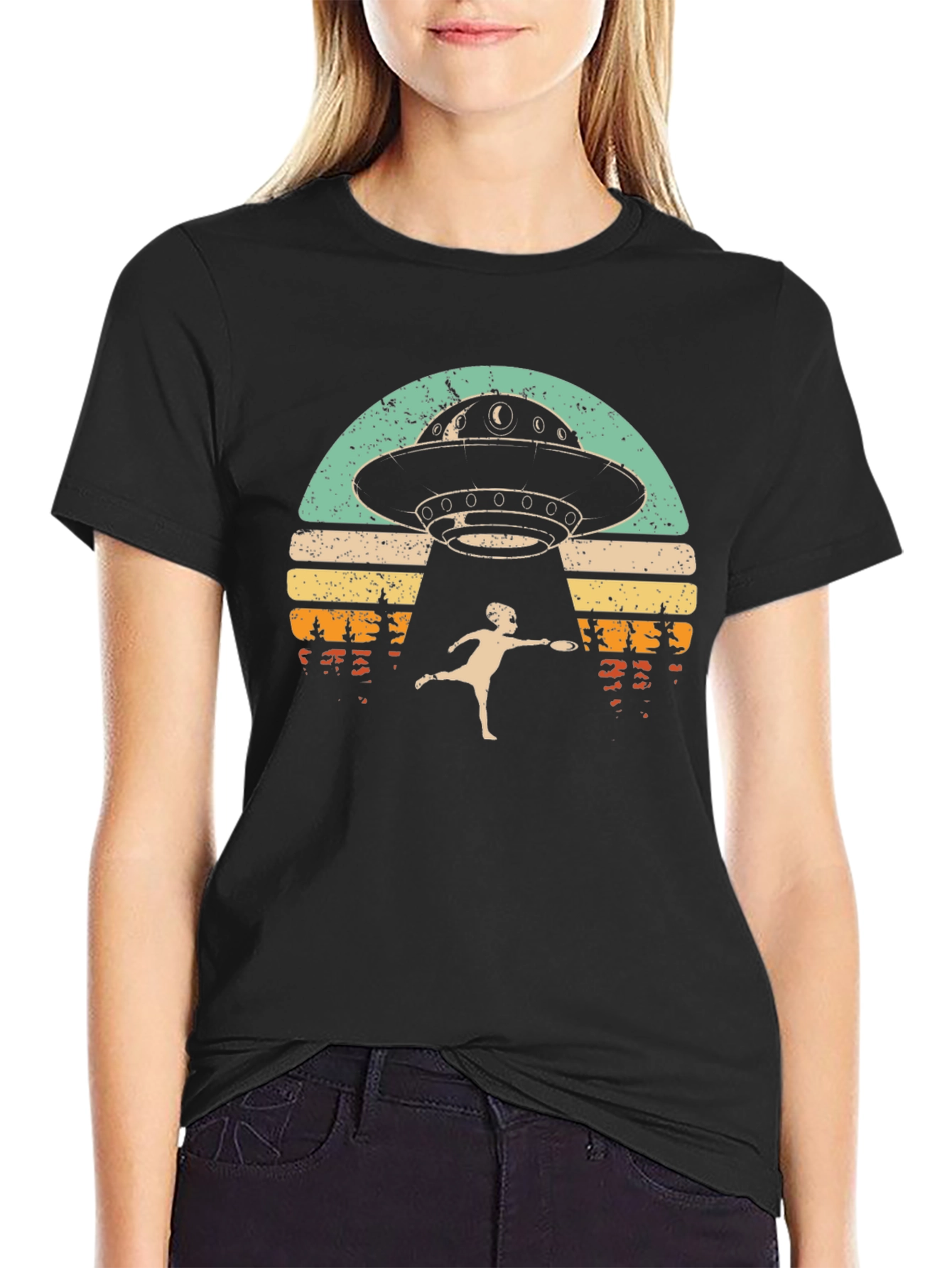Retro UFO Abduction Graphic Tee - Frisbee Fun