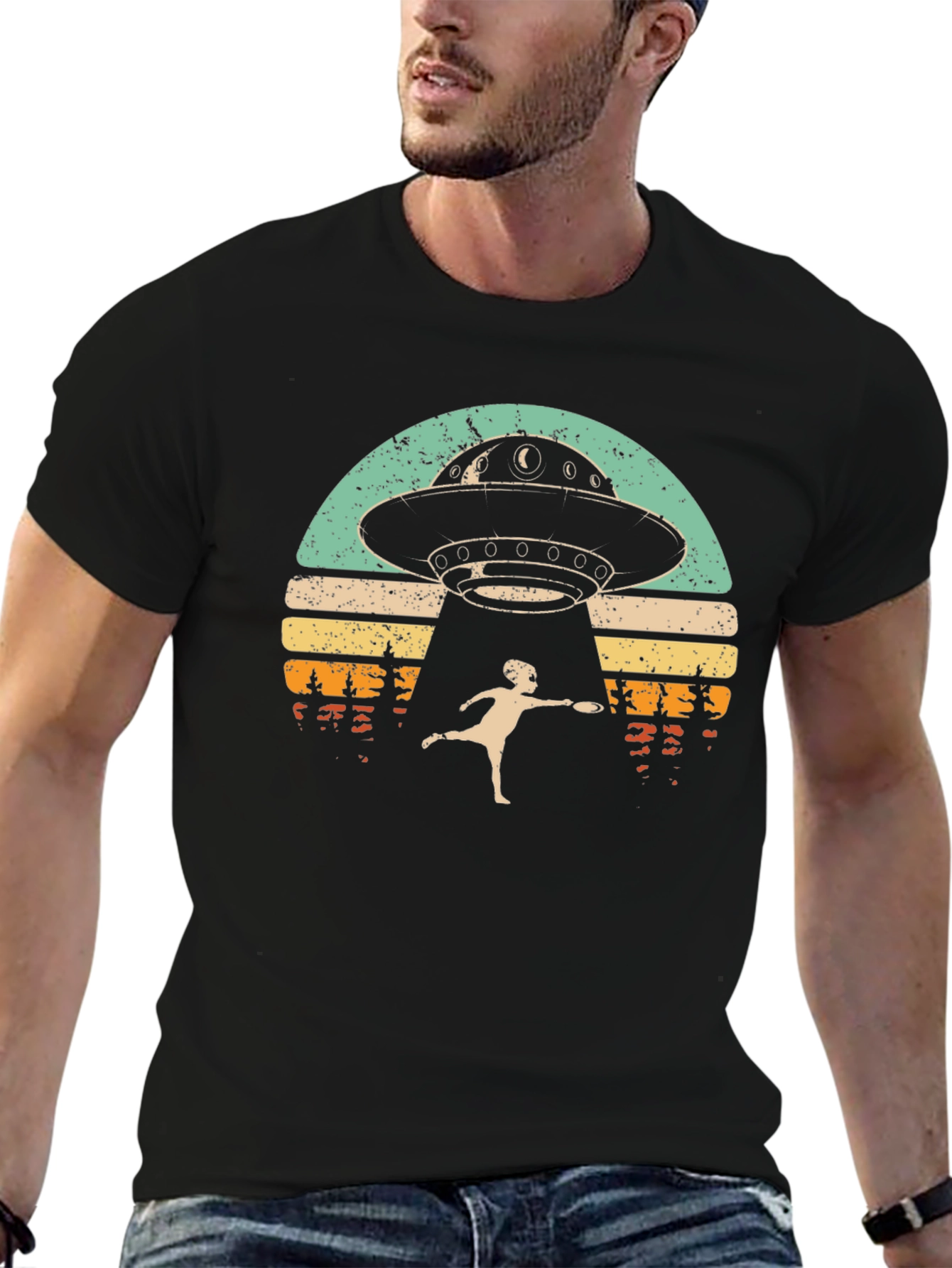 Retro UFO Abduction Graphic Tee - Frisbee Fun