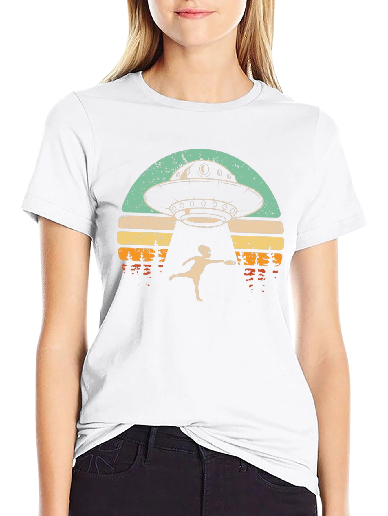 Retro UFO Abduction Graphic Tee - Frisbee Fun