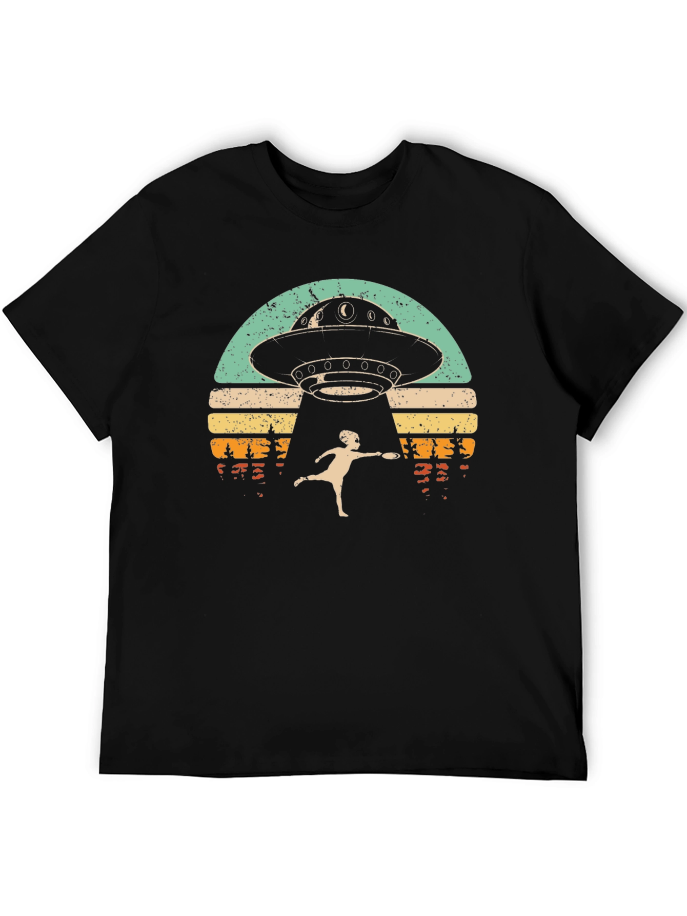 Retro UFO Abduction Graphic Tee - Frisbee Fun