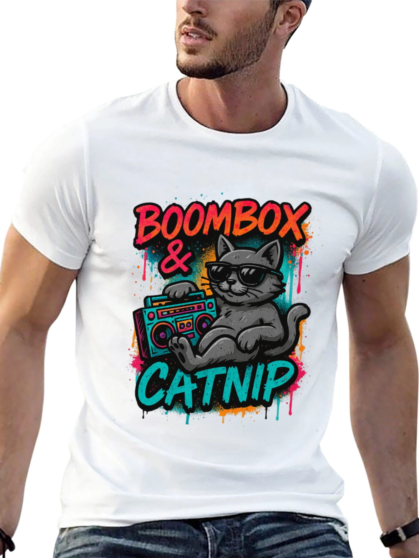 Boombox & Catnip Graphic T-Shirt - Retro Cat Tee