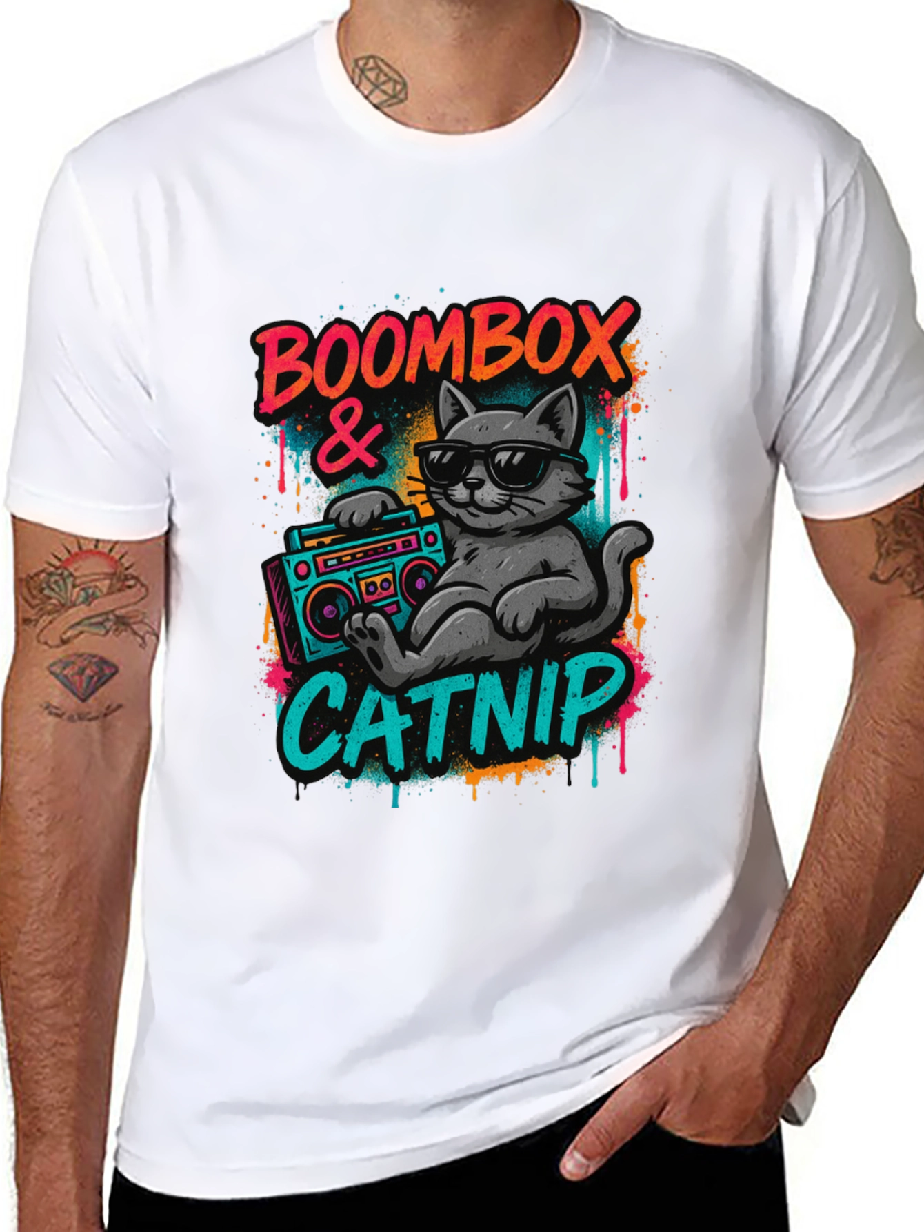 Boombox & Catnip Graphic T-Shirt - Retro Cat Tee