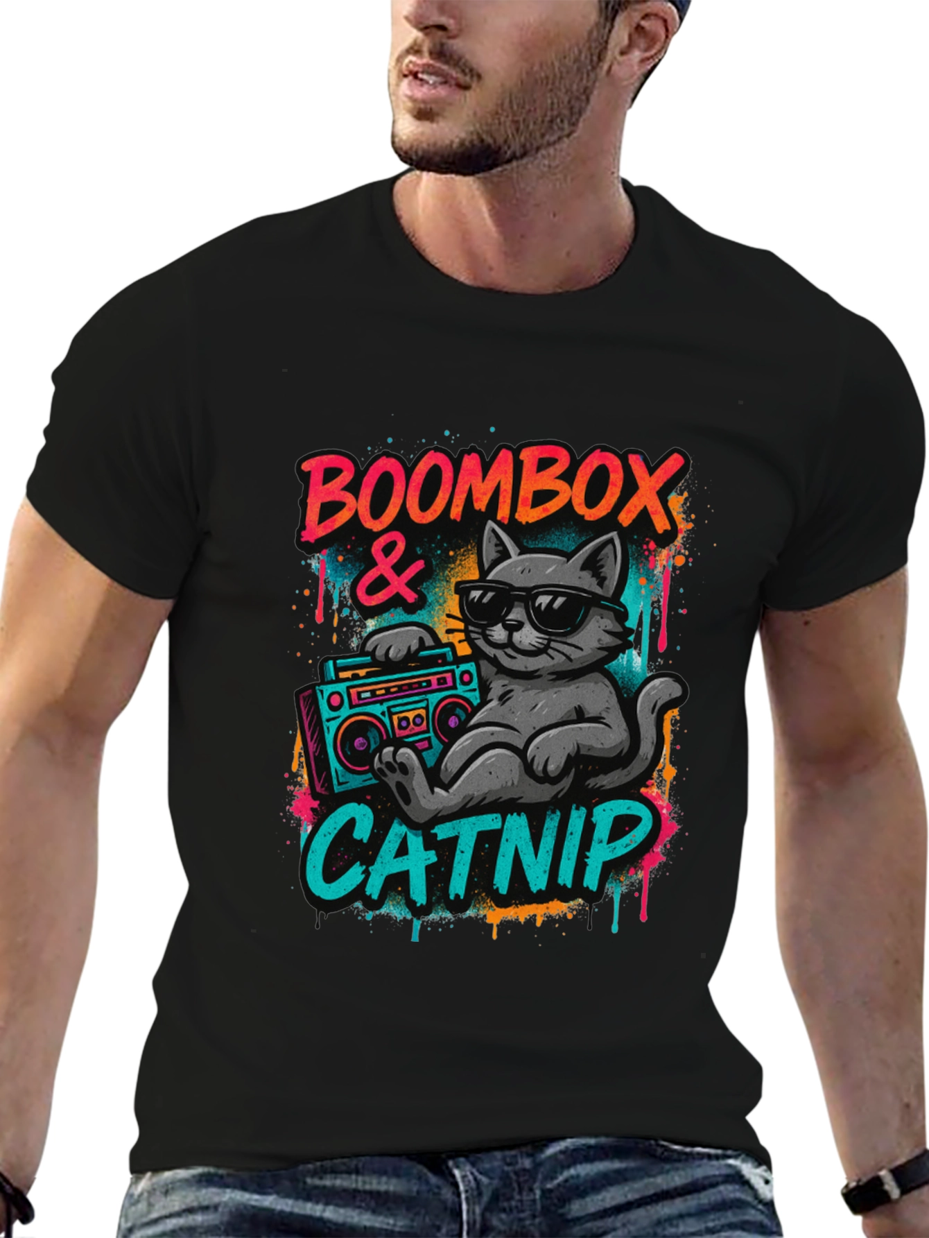 Boombox & Catnip Graphic T-Shirt - Retro Cat Tee
