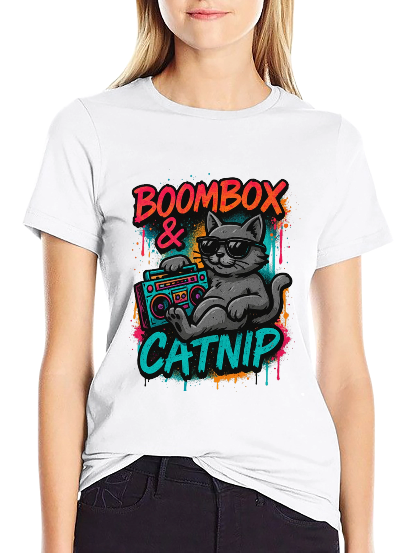 Boombox & Catnip Graphic T-Shirt - Retro Cat Tee