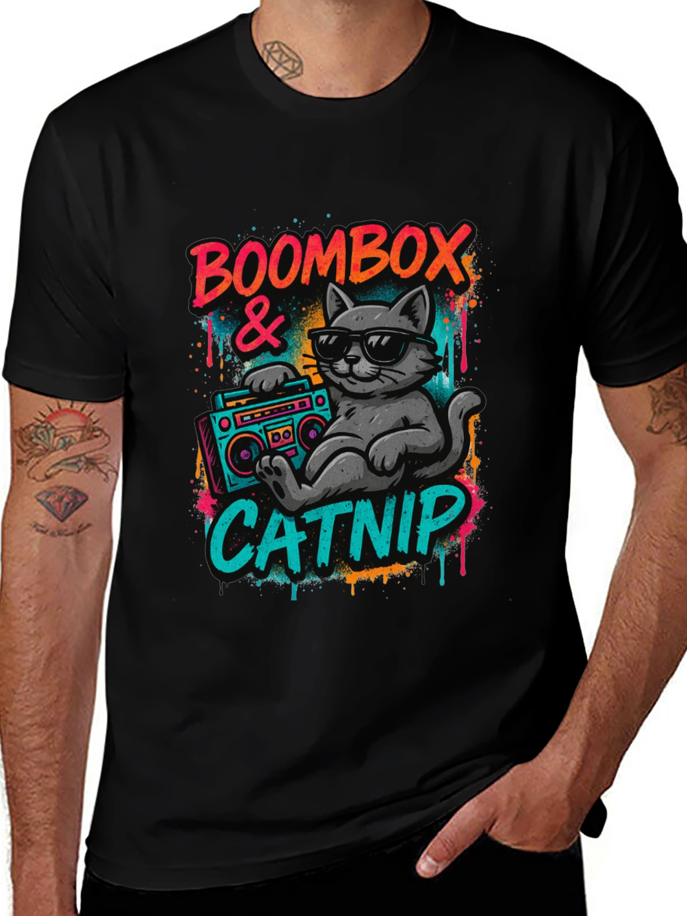 Boombox & Catnip Graphic T-Shirt - Retro Cat Tee
