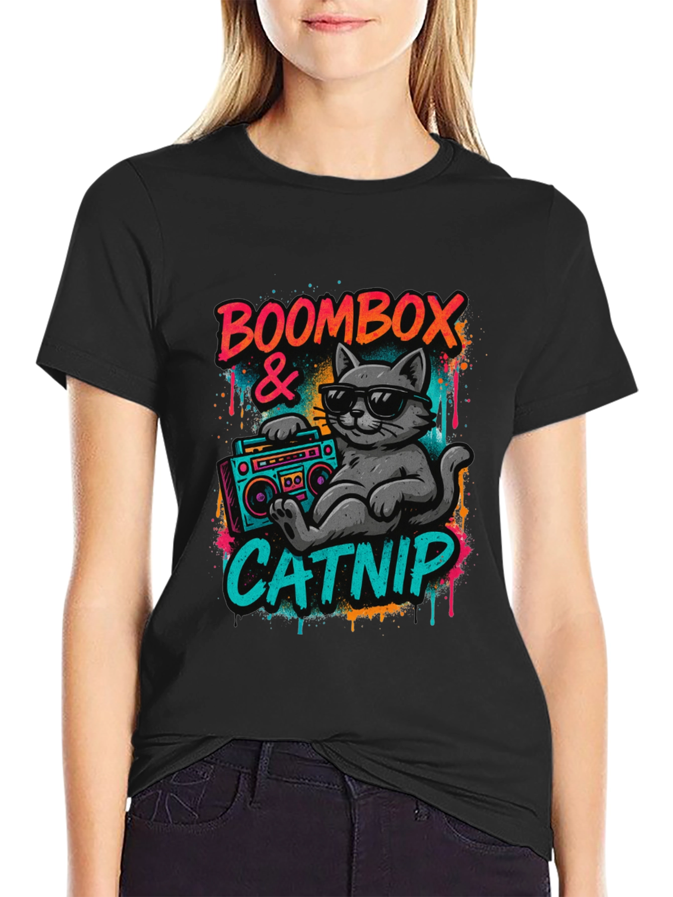 Boombox & Catnip Graphic T-Shirt - Retro Cat Tee