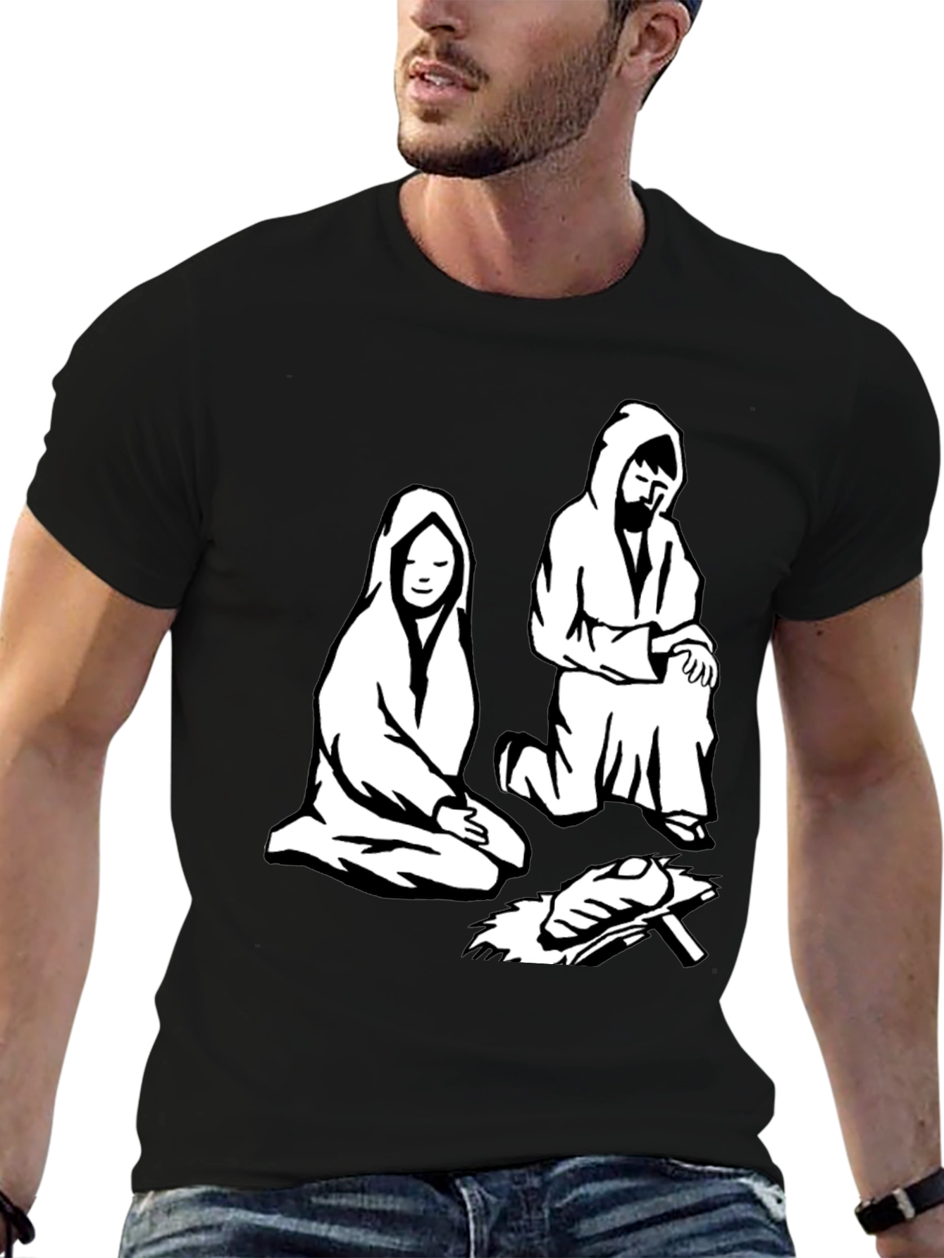 Nativity Scene Graphic Tee - Black Cotton T-Shirt