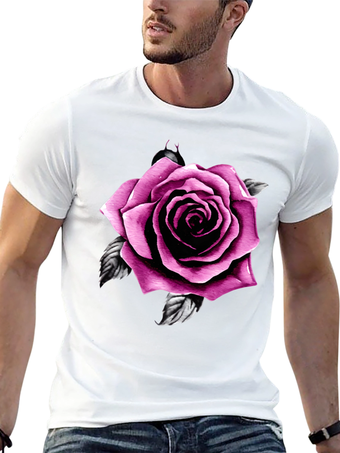Mens Black T-Shirt with Pink Rose Design