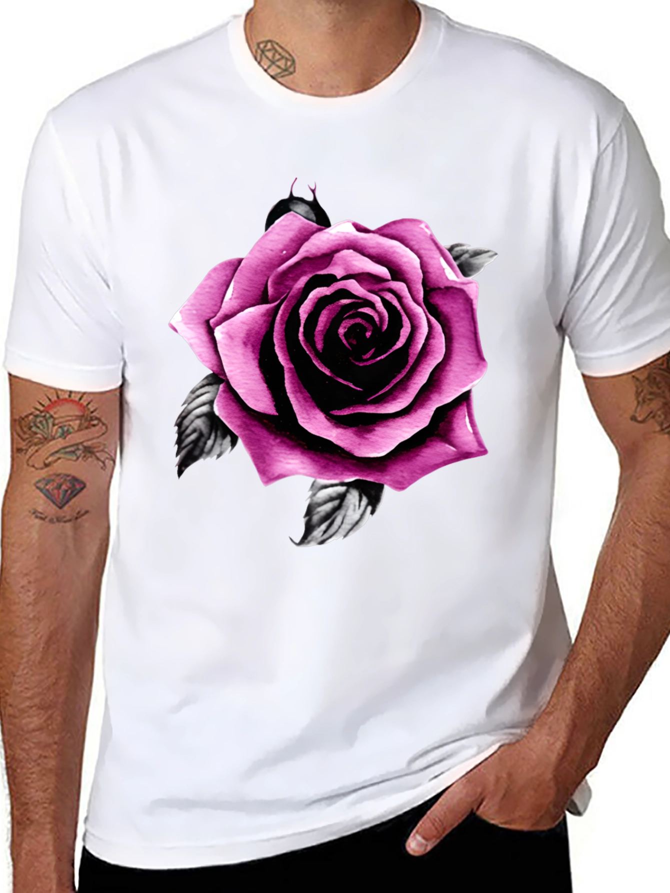 Mens Black T-Shirt with Pink Rose Design