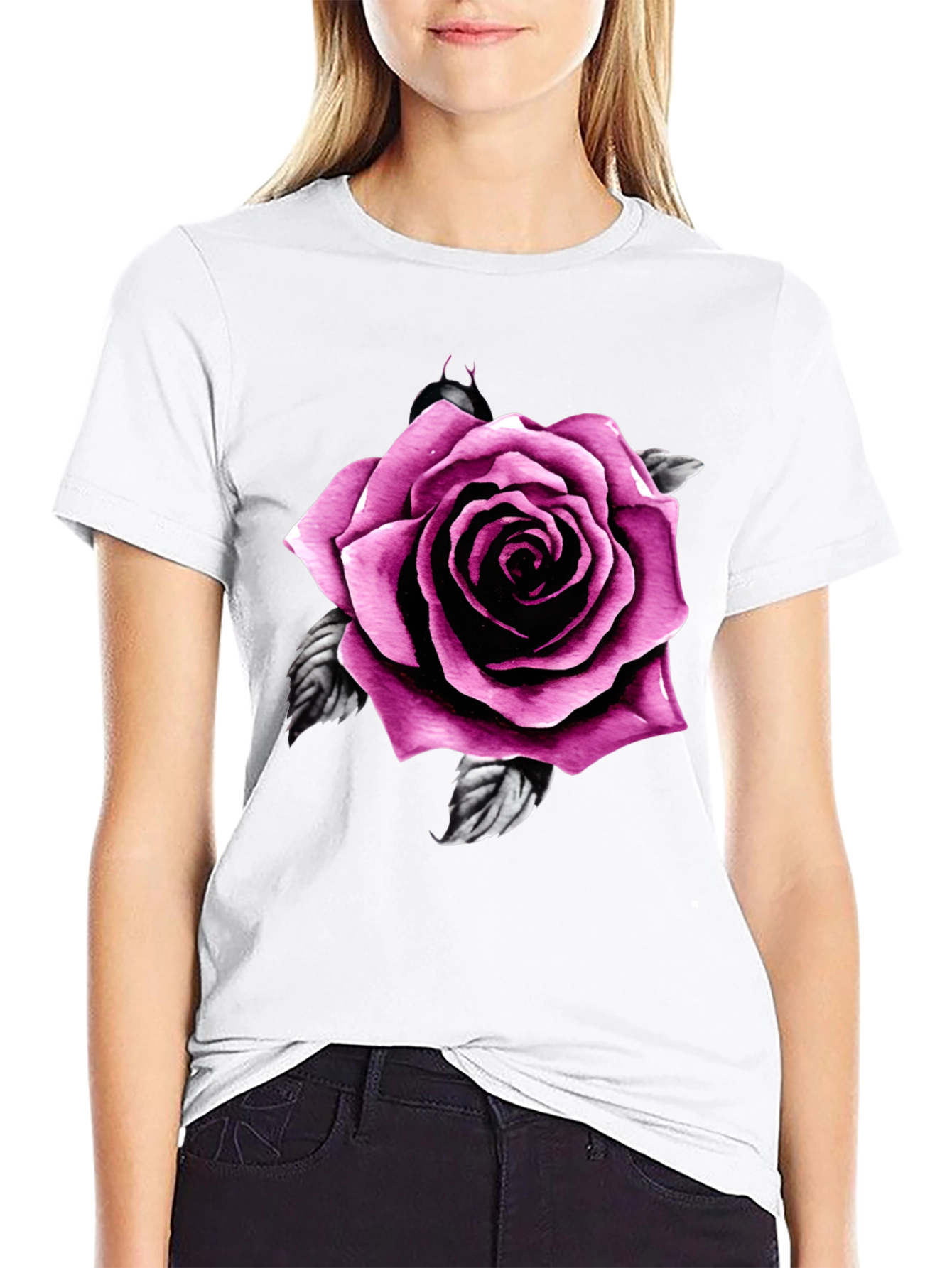 Mens Black T-Shirt with Pink Rose Design