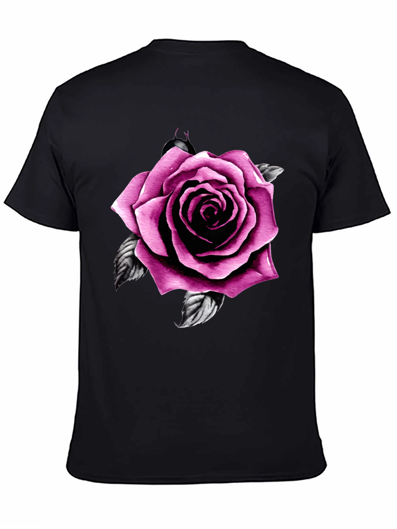 Mens Black T-Shirt with Pink Rose Design