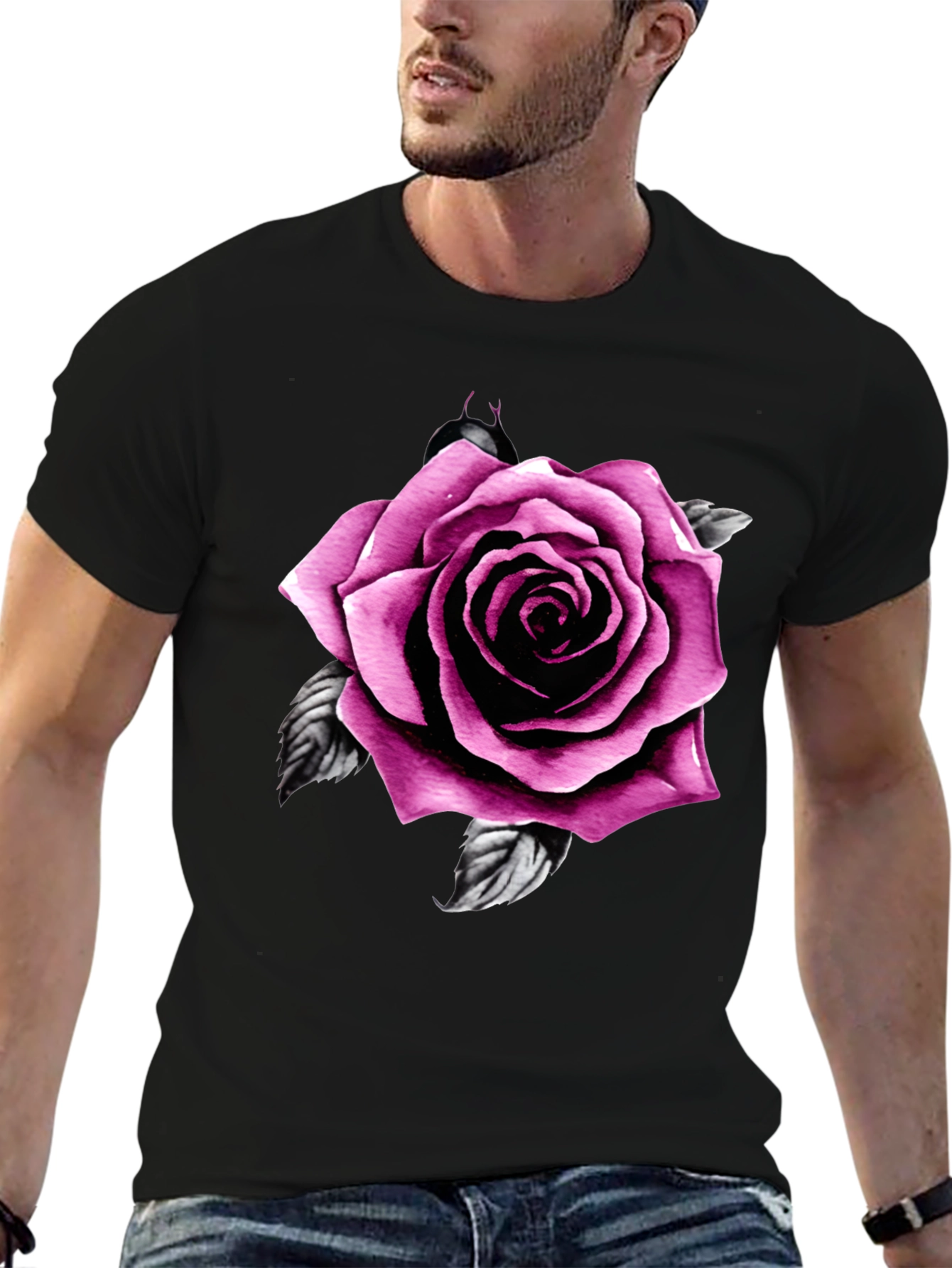 Mens Black T-Shirt with Pink Rose Design