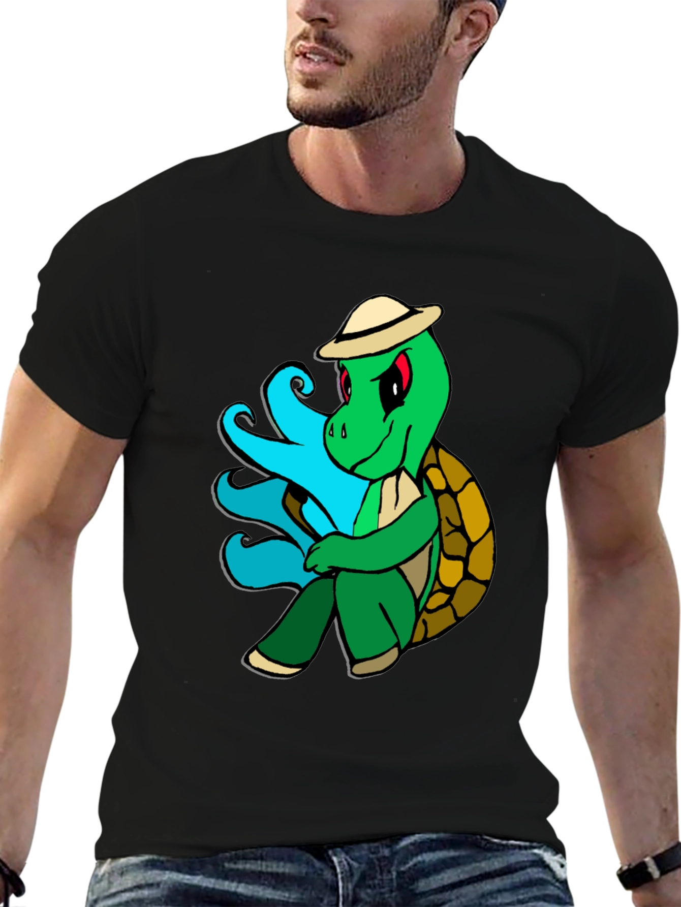 Cartoon Turtle Graphic Tee - Casual Black T-Shirt