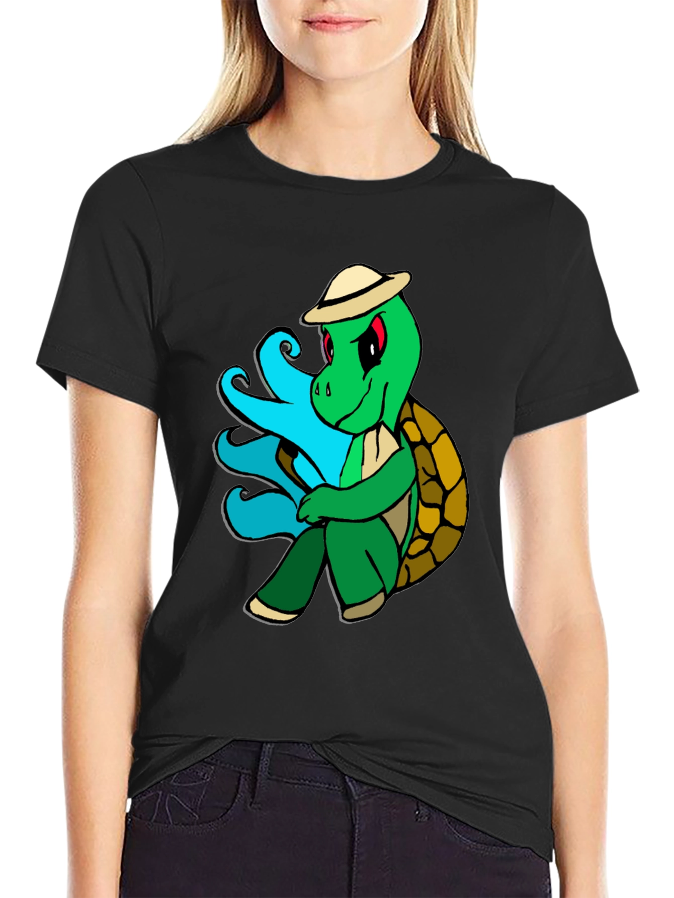 Cartoon Turtle Graphic Tee - Casual Black T-Shirt