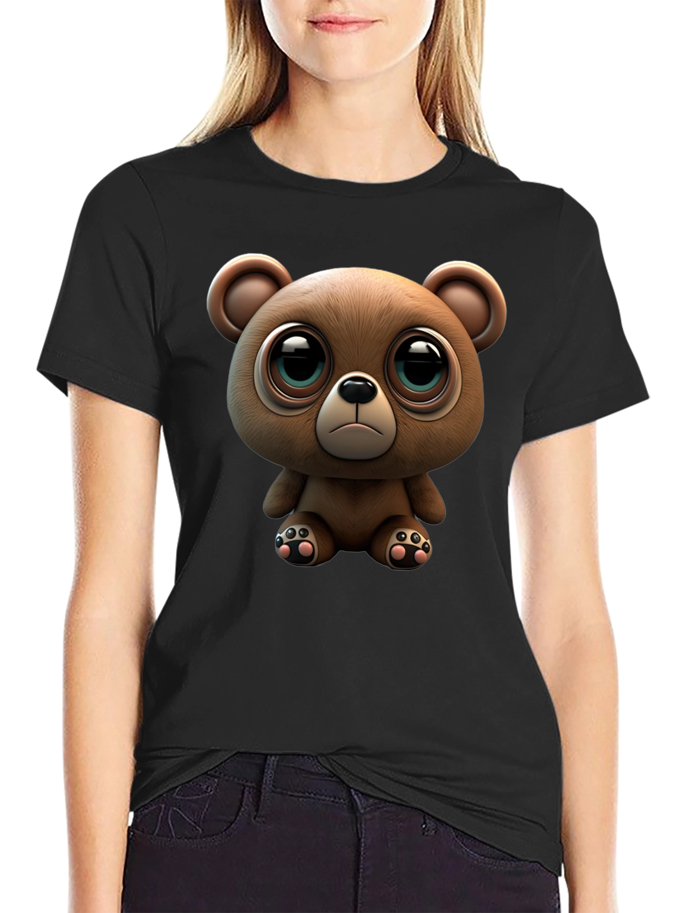 Cute Teddy Bear Graphic Black T-Shirt