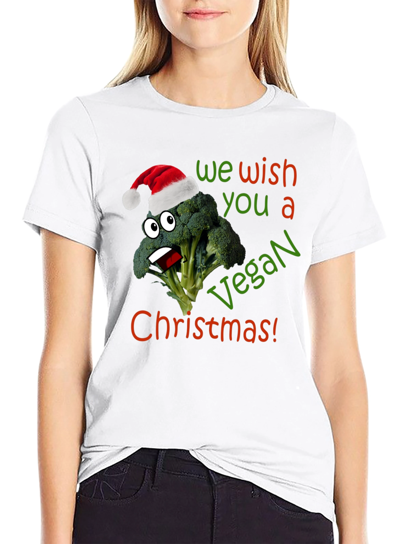 Vegan Christmas T-Shirt - Broccoli with Santa Hat