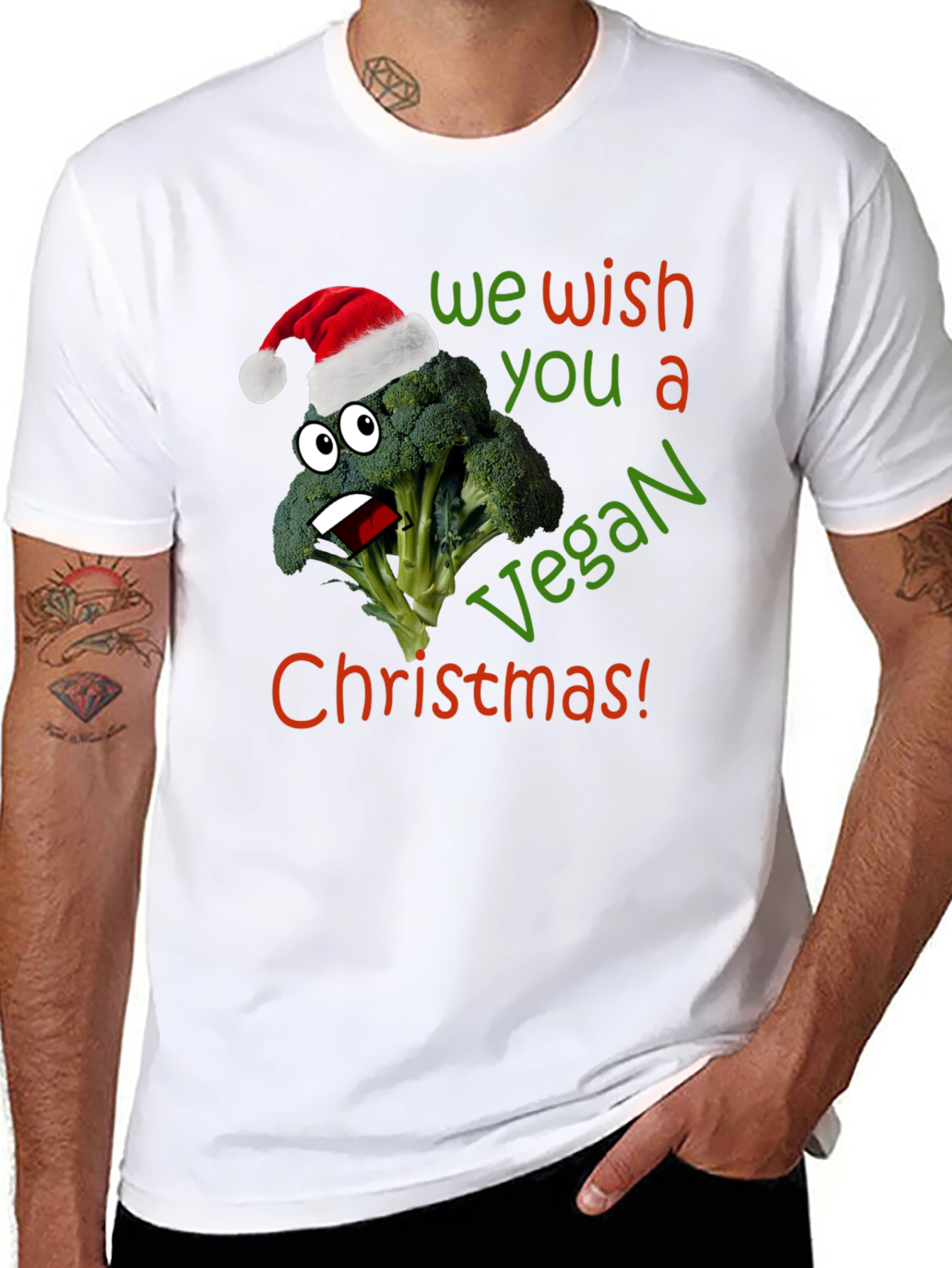 Vegan Christmas T-Shirt - Broccoli with Santa Hat