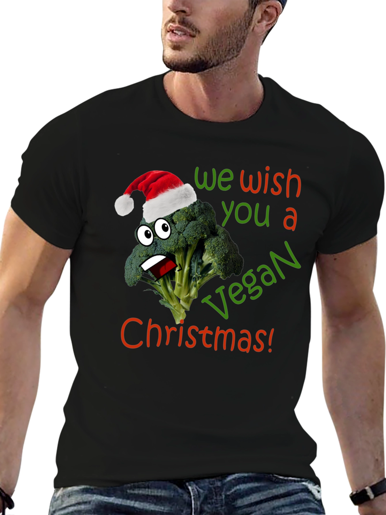 Vegan Christmas T-Shirt - Broccoli with Santa Hat