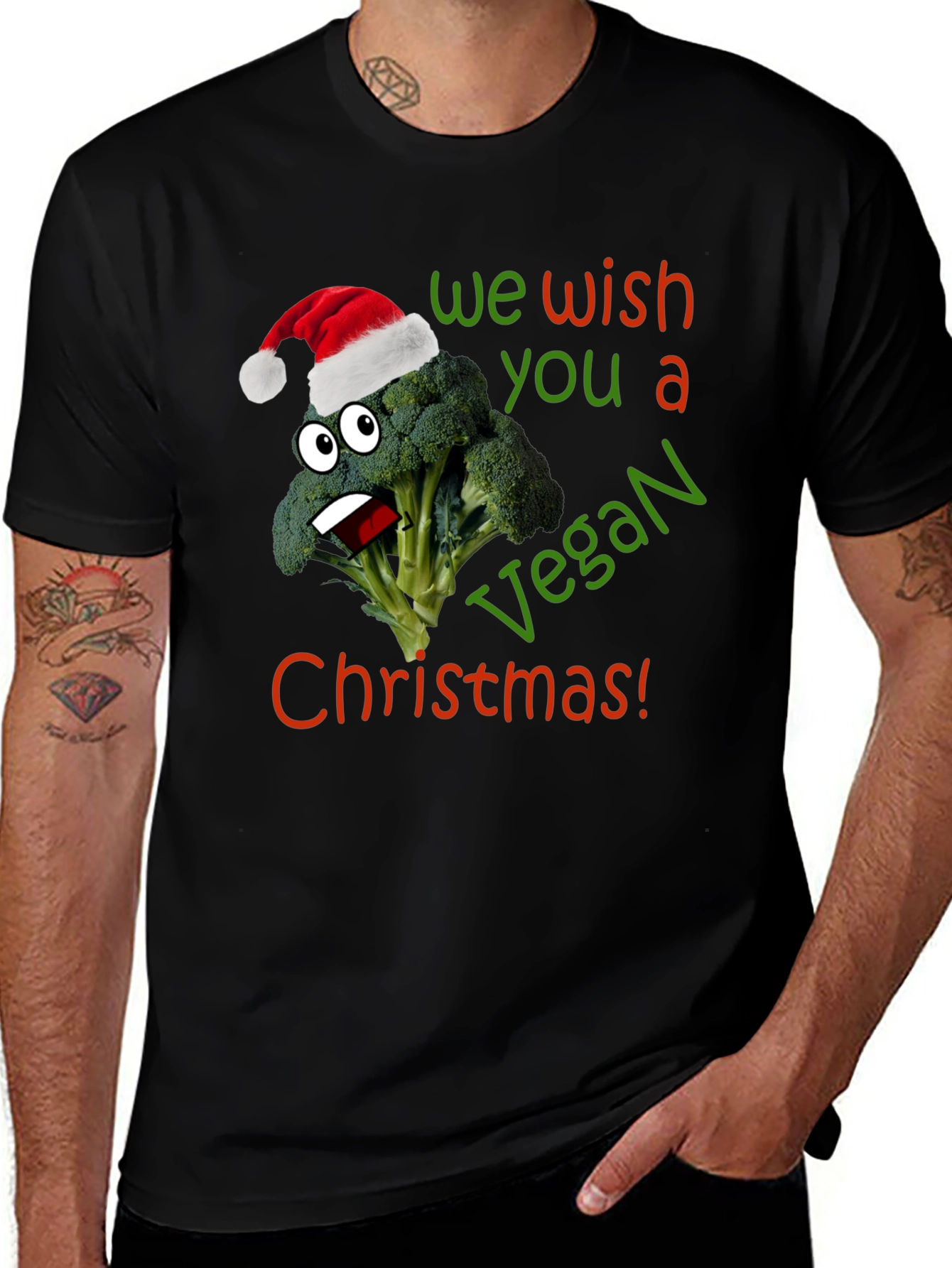 Vegan Christmas T-Shirt - Broccoli with Santa Hat