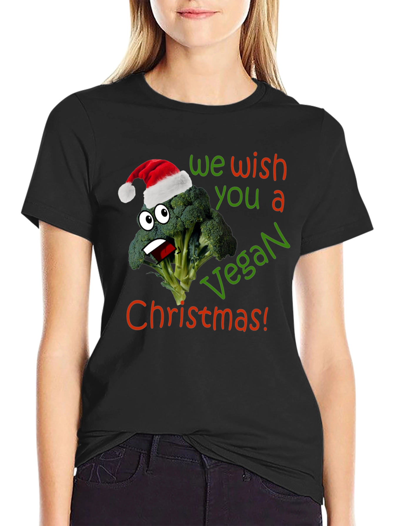 Vegan Christmas T-Shirt - Broccoli with Santa Hat