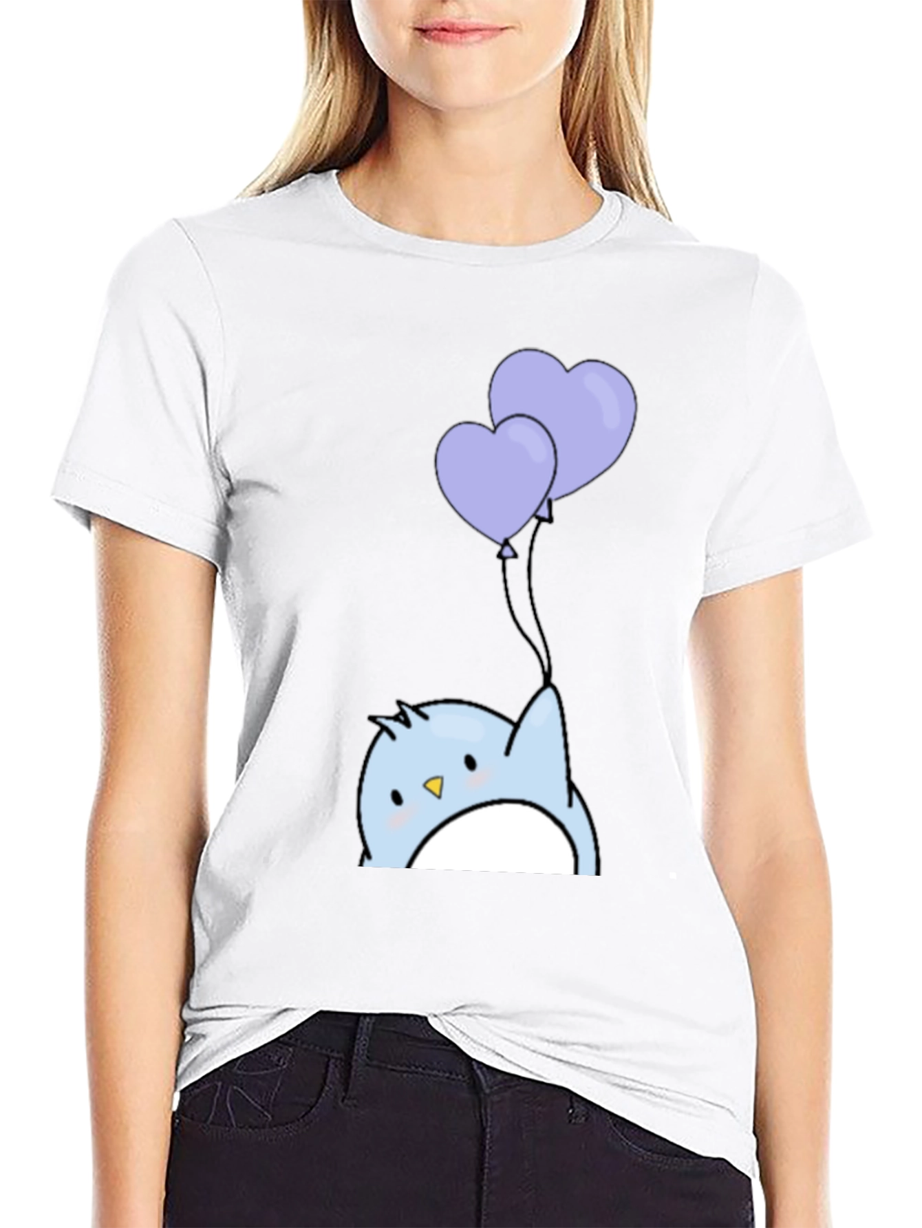 Cute Penguin Heart Balloons Graphic Tee - Black