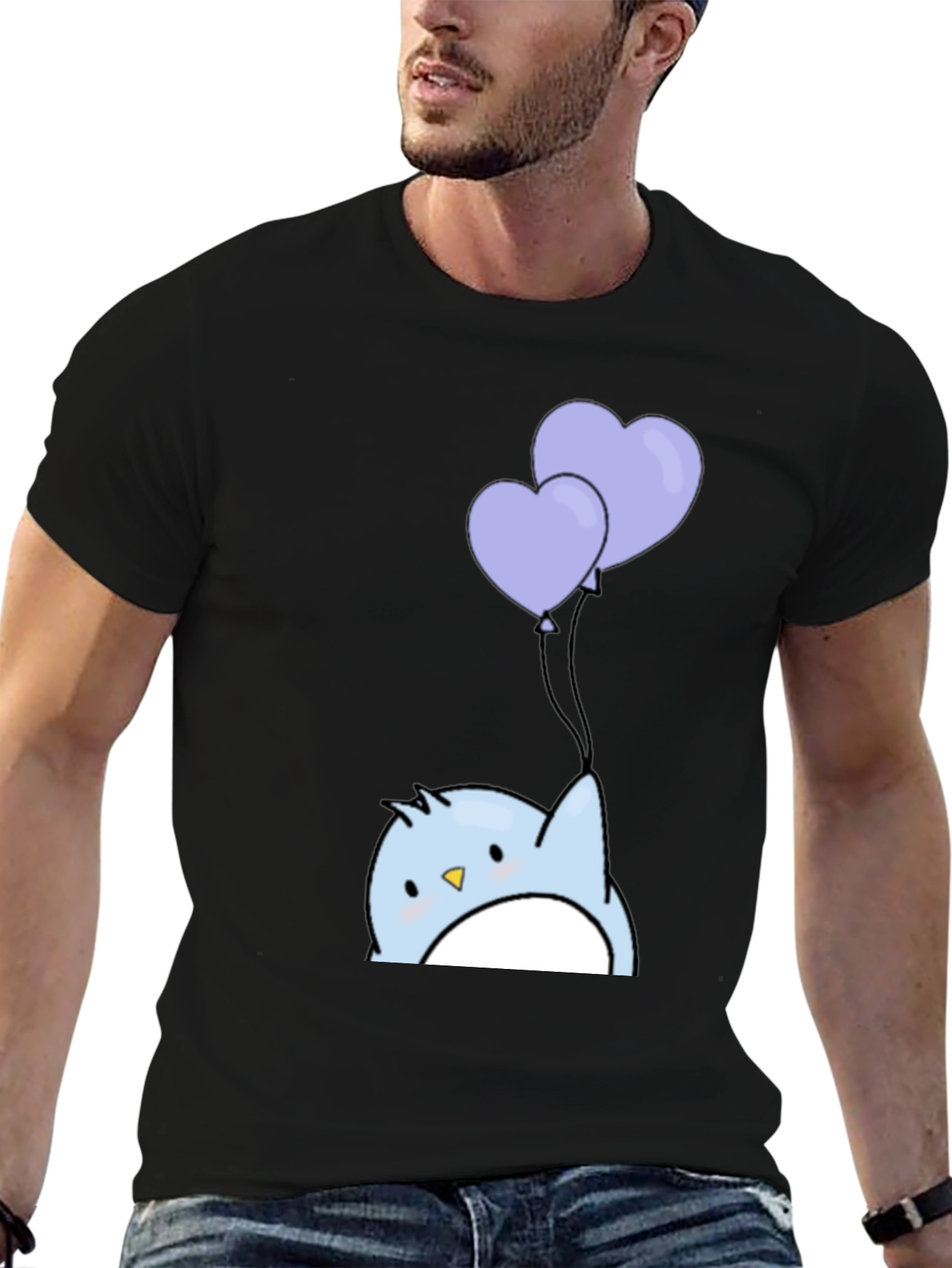 Cute Penguin Heart Balloons Graphic Tee - Black