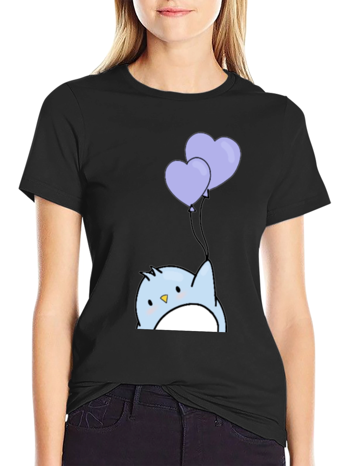 Cute Penguin Heart Balloons Graphic Tee - Black