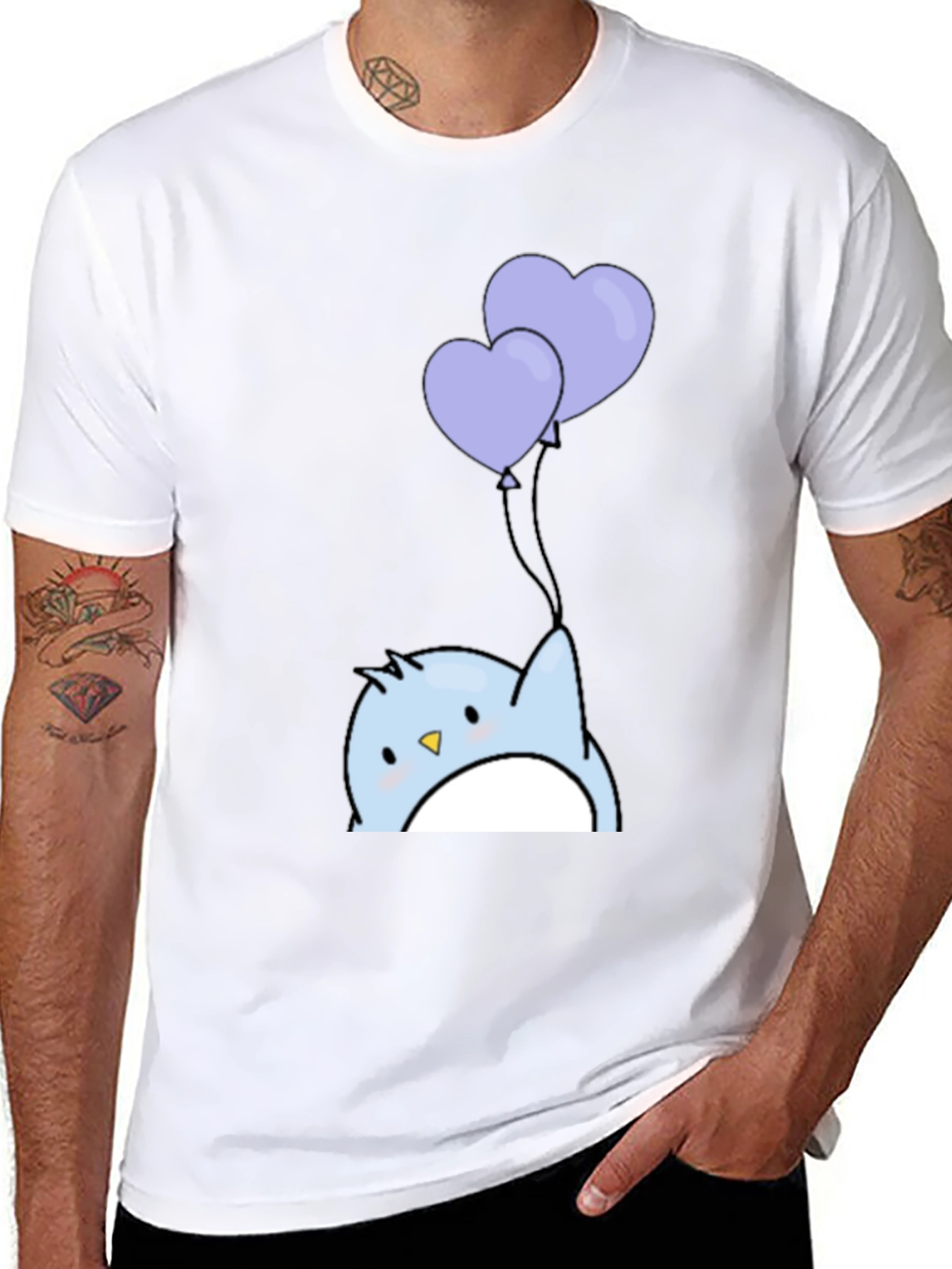 Cute Penguin Heart Balloons Graphic Tee - Black