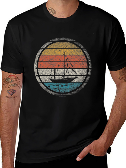 Vintage Sailboat Sunset Graphic Tee - Black